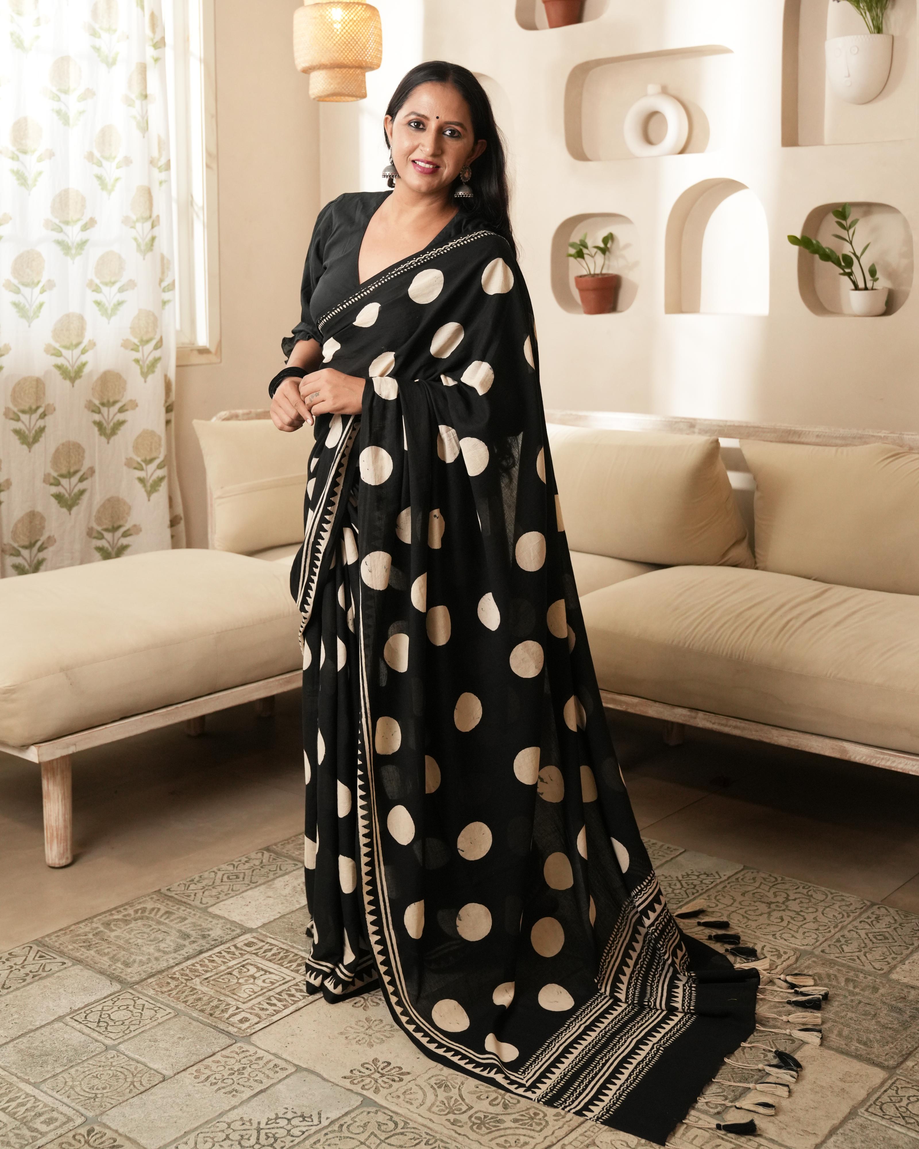 black polka dot hand block printed mulmul saree