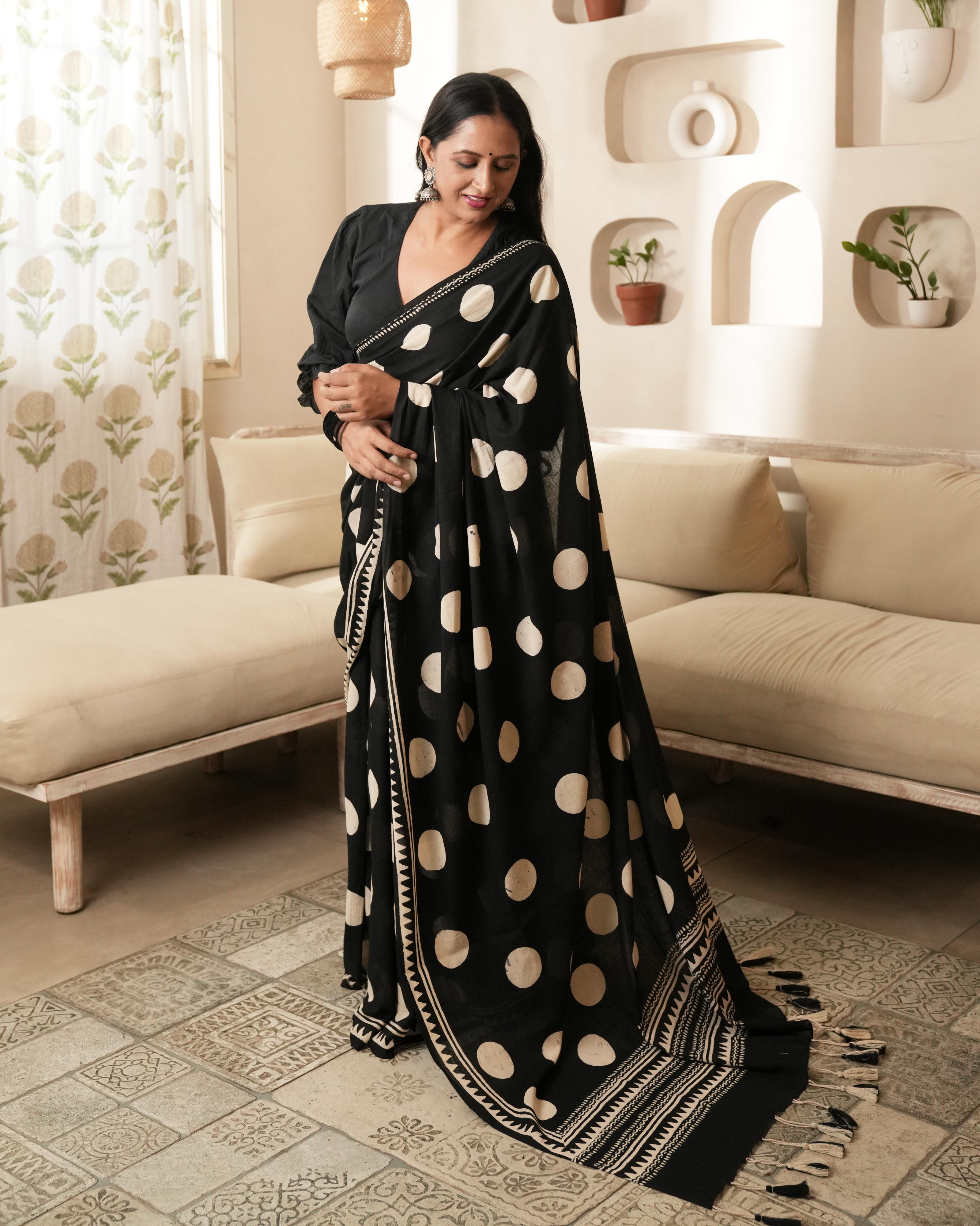 black cotton saree with tassels