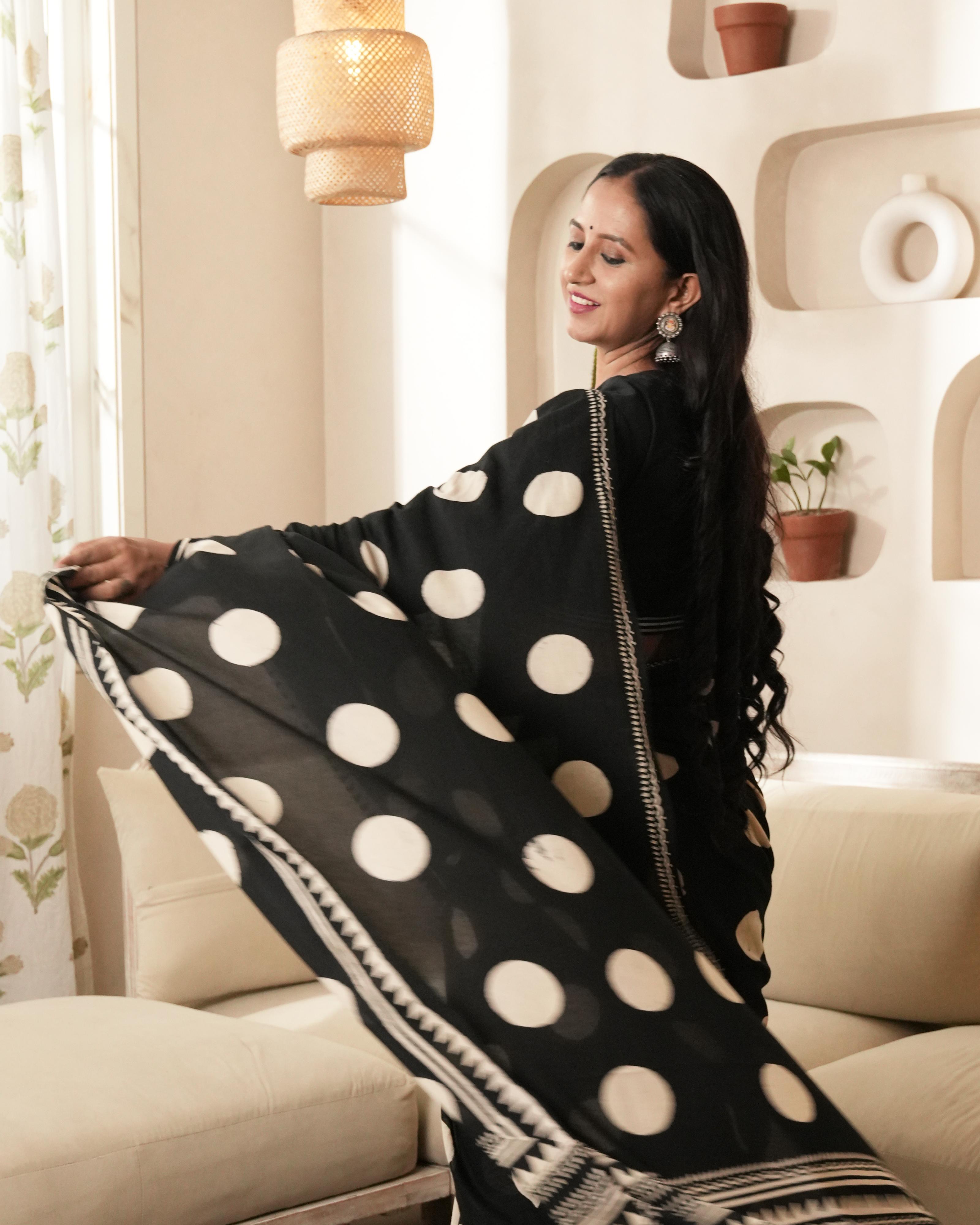 traditional black hand printed cotton saree