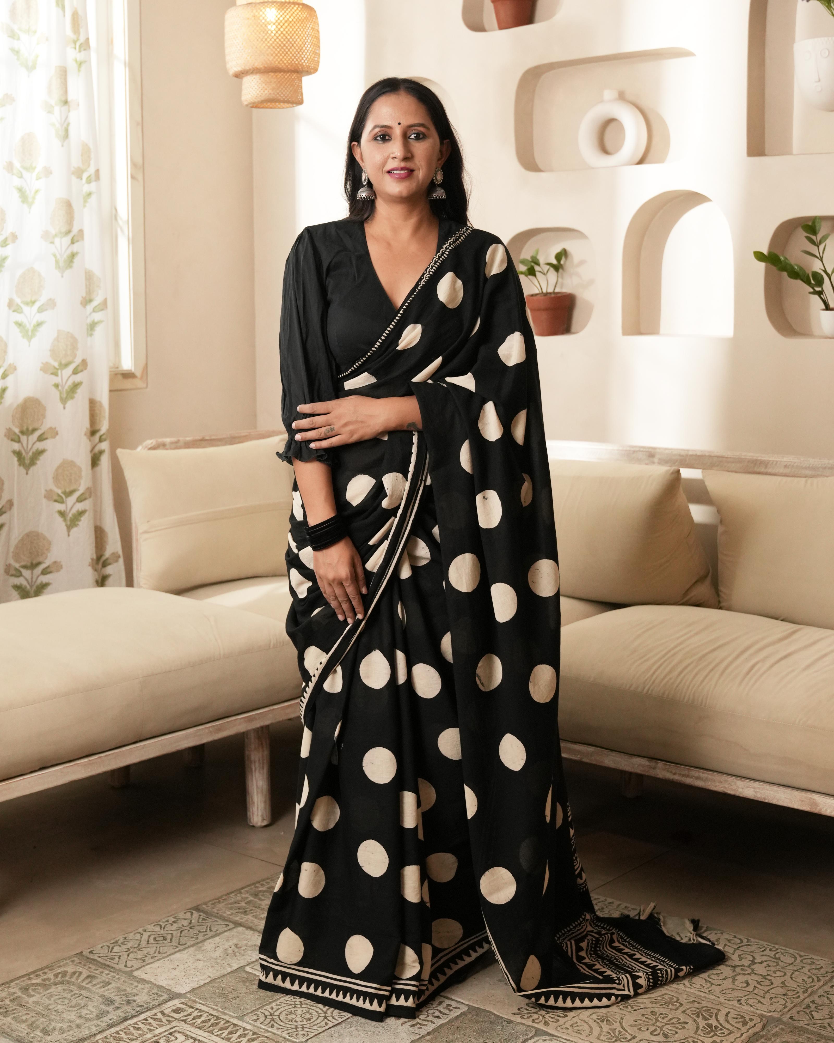 lightweight black mulmul saree for women