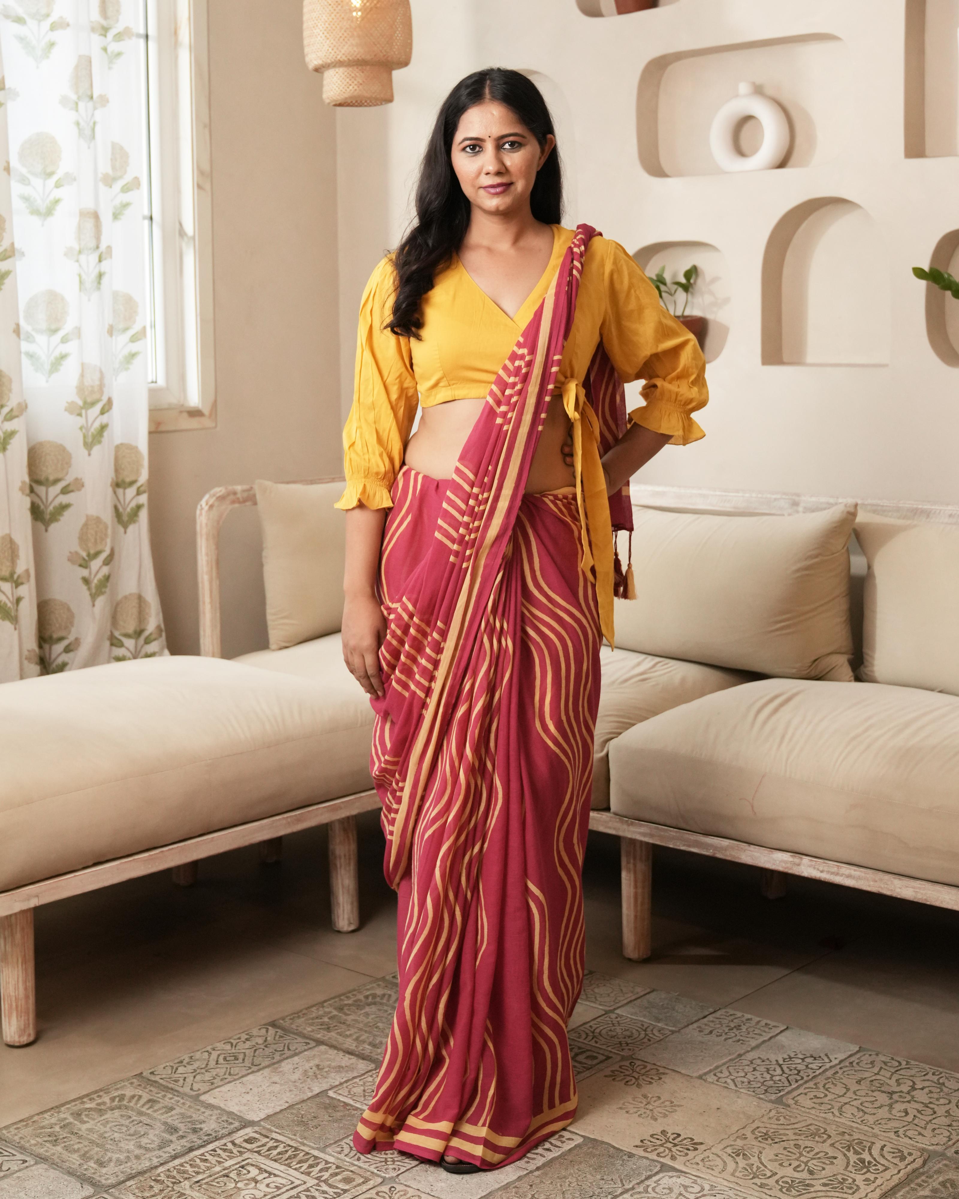 pink waves hand block saree