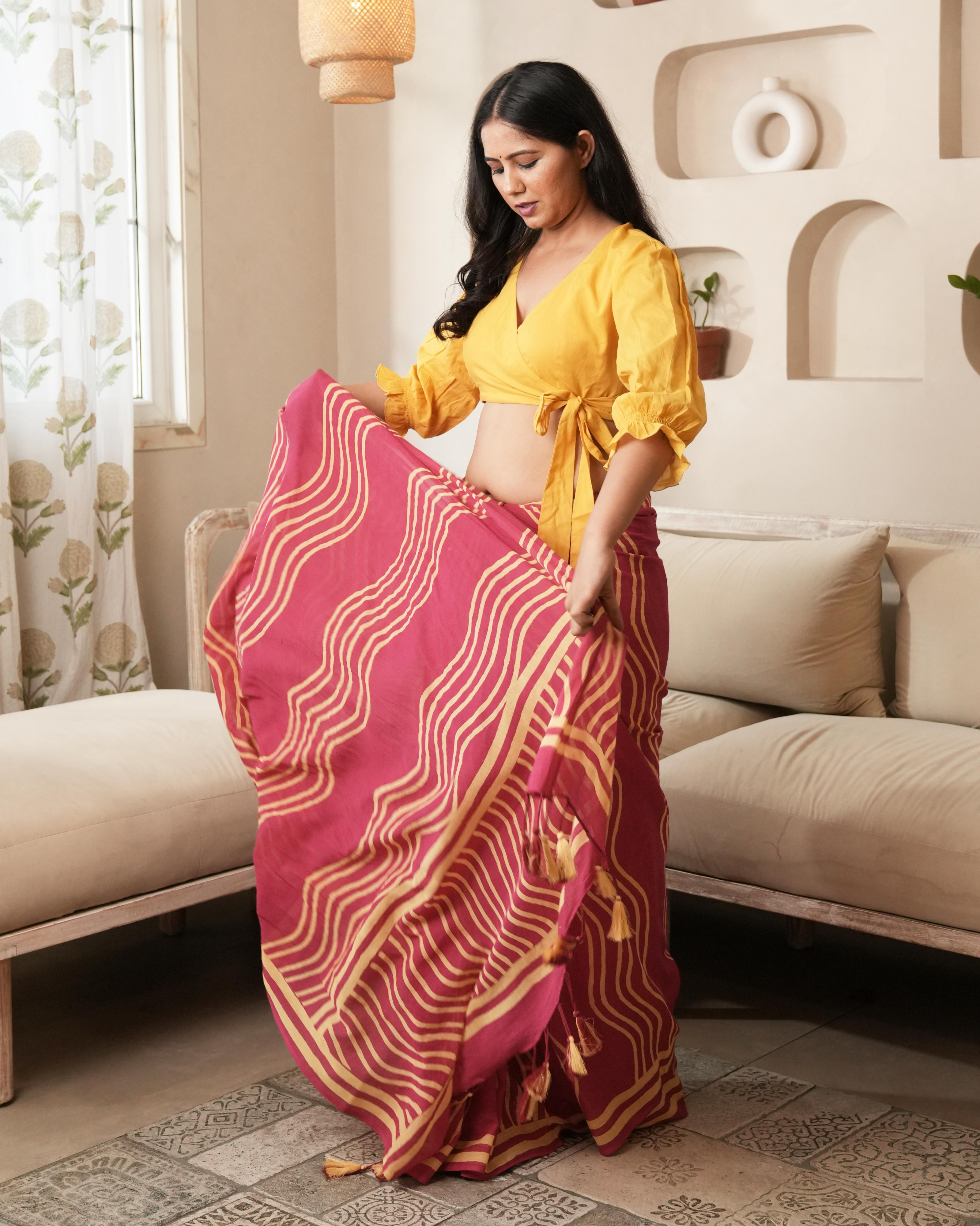 wave pattern block print saree
