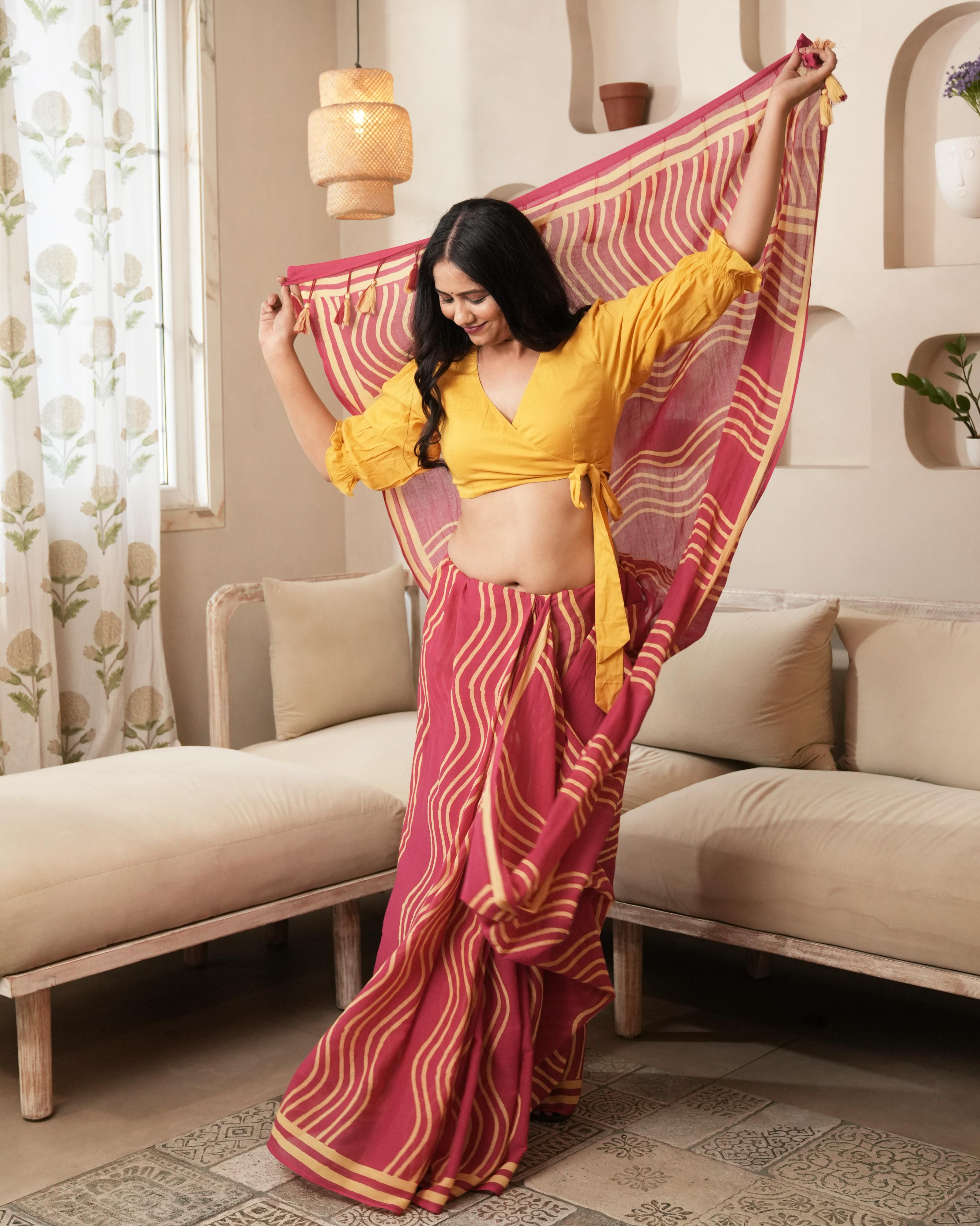 hand printed pink cotton saree