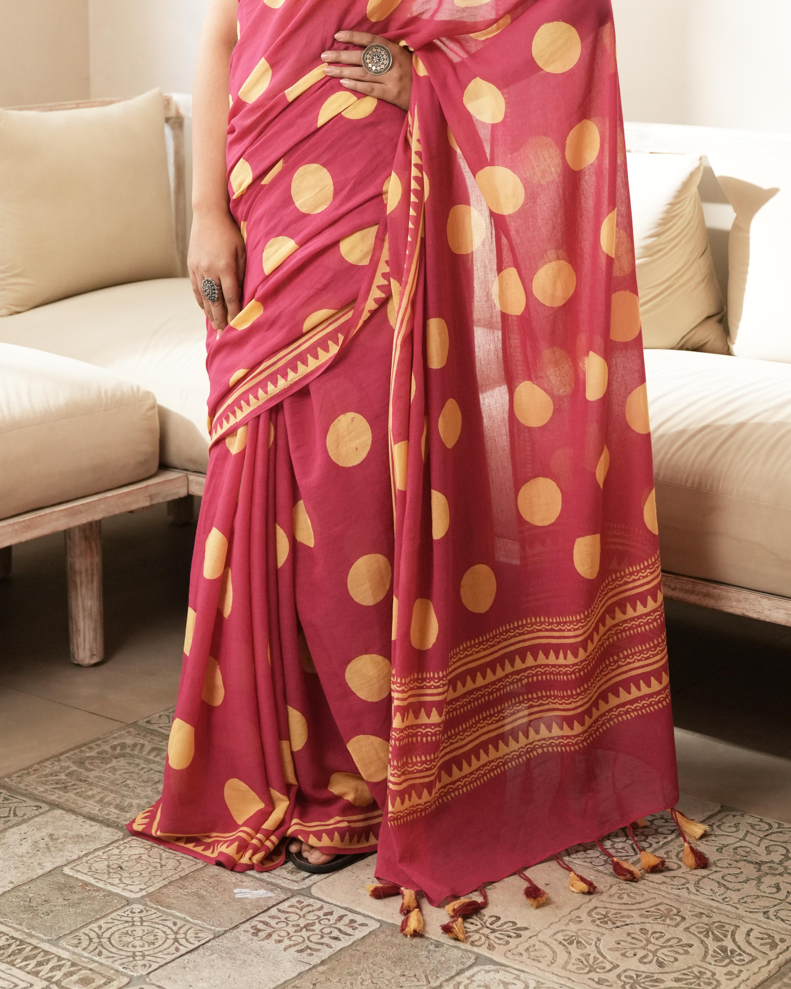 magenta cotton block print saree