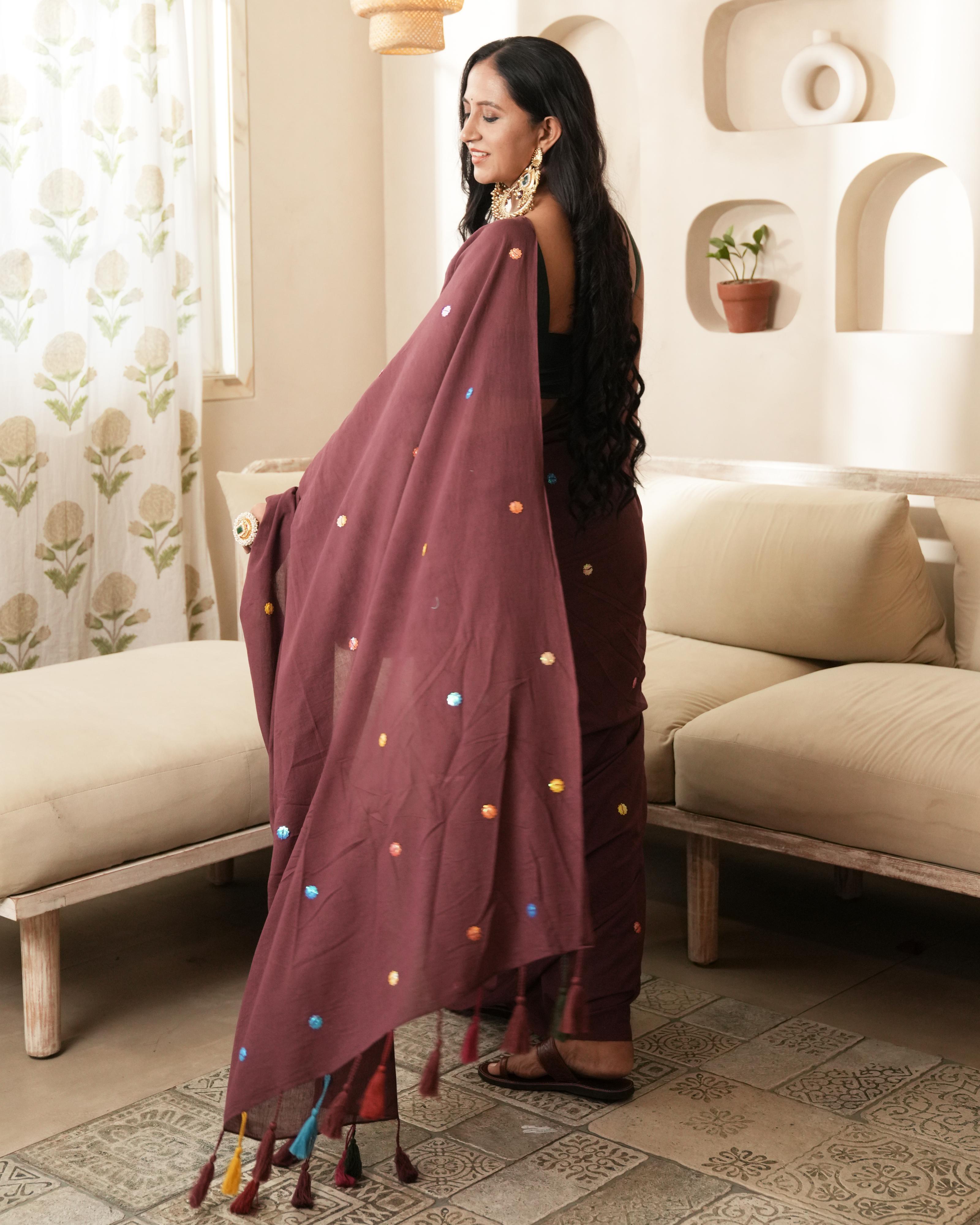 Maroon Sitara Work Mul Saree with Tassels