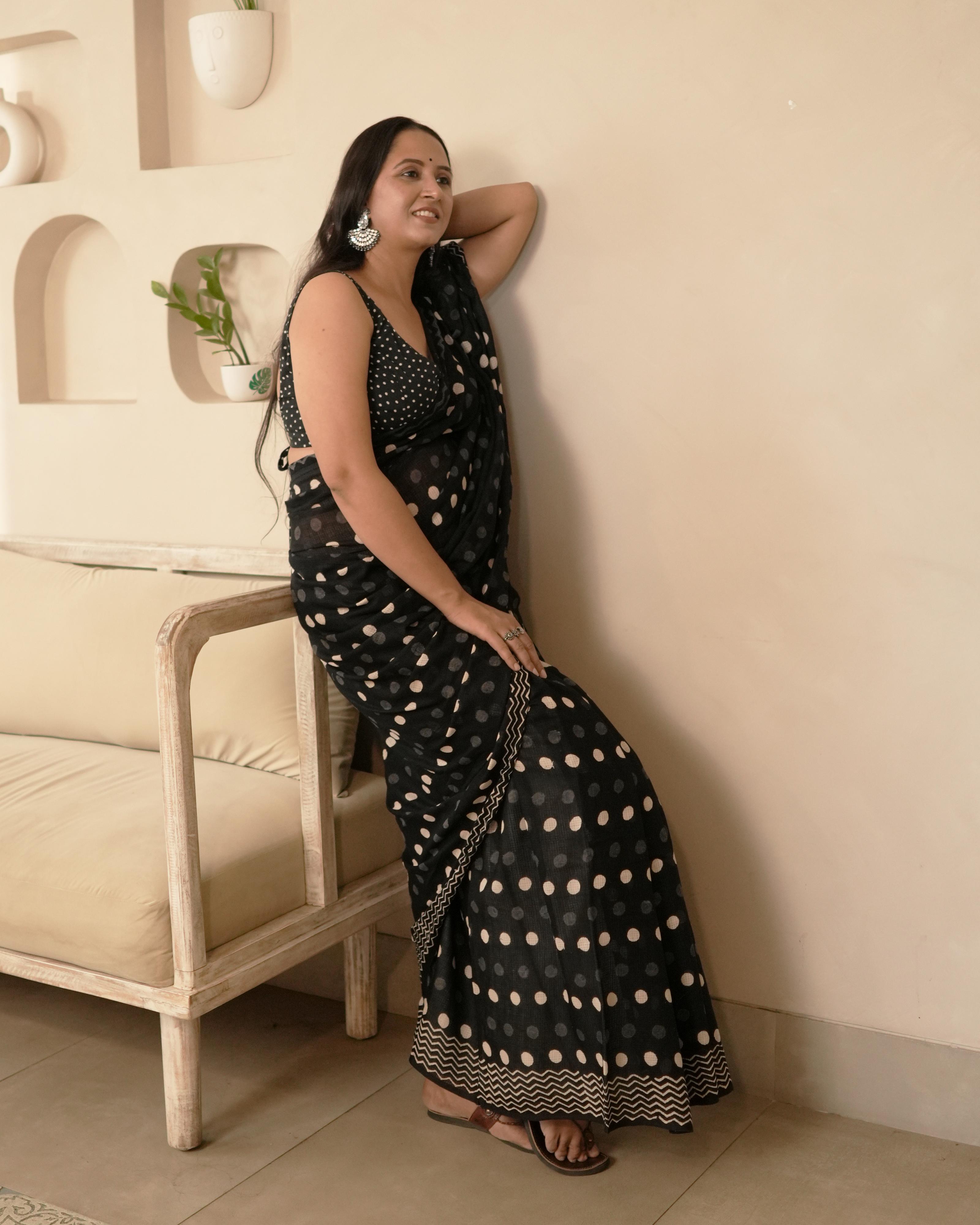 Handblock Print Moonga Cotton Saree | Polka Tassel for Office, Brunches & Cultural Events