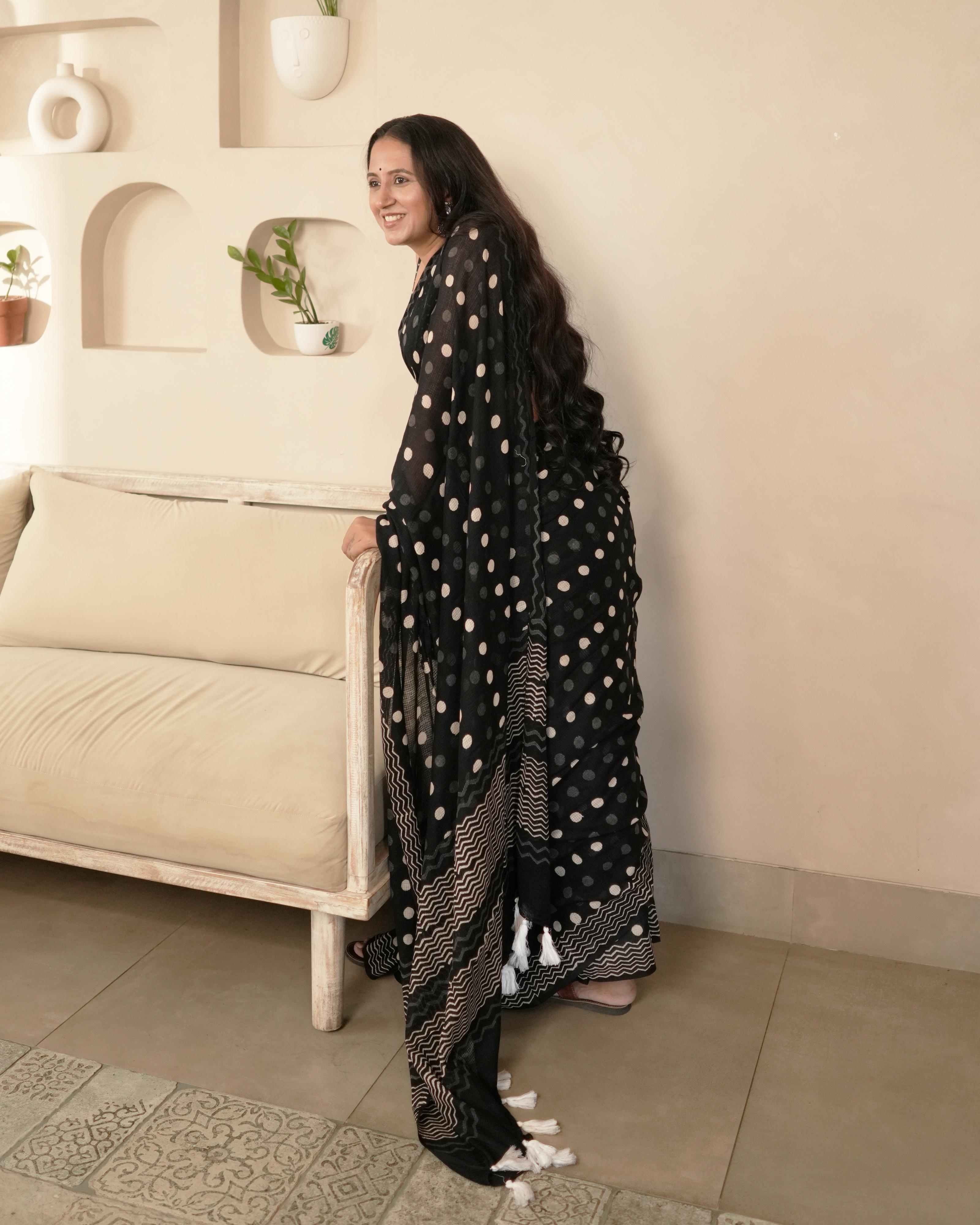 Handblock Print Moonga Cotton Saree | Polka Tassel for Office, Brunches & Cultural Events