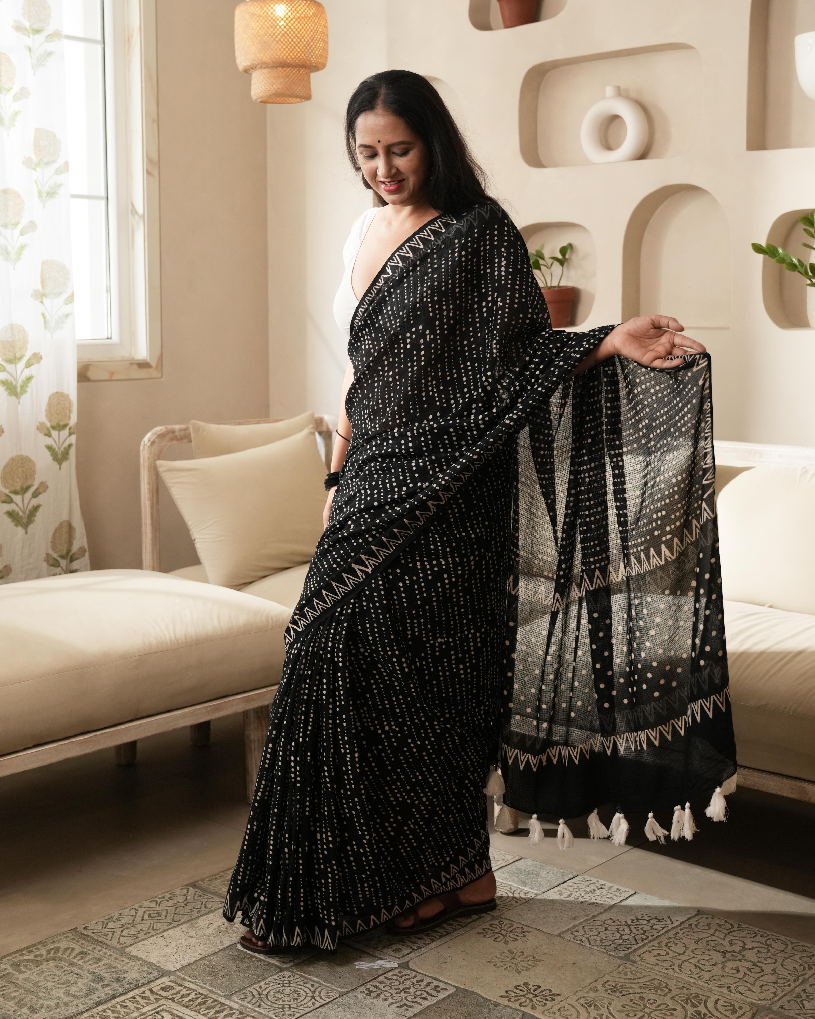 dot hand block print moonga cotton saree