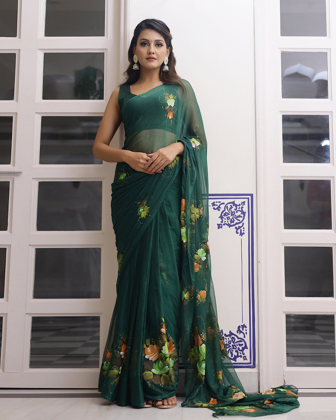 Hand Painted Chiffon Saree | Bottle Green Floral for Weddings & Festive Evenings