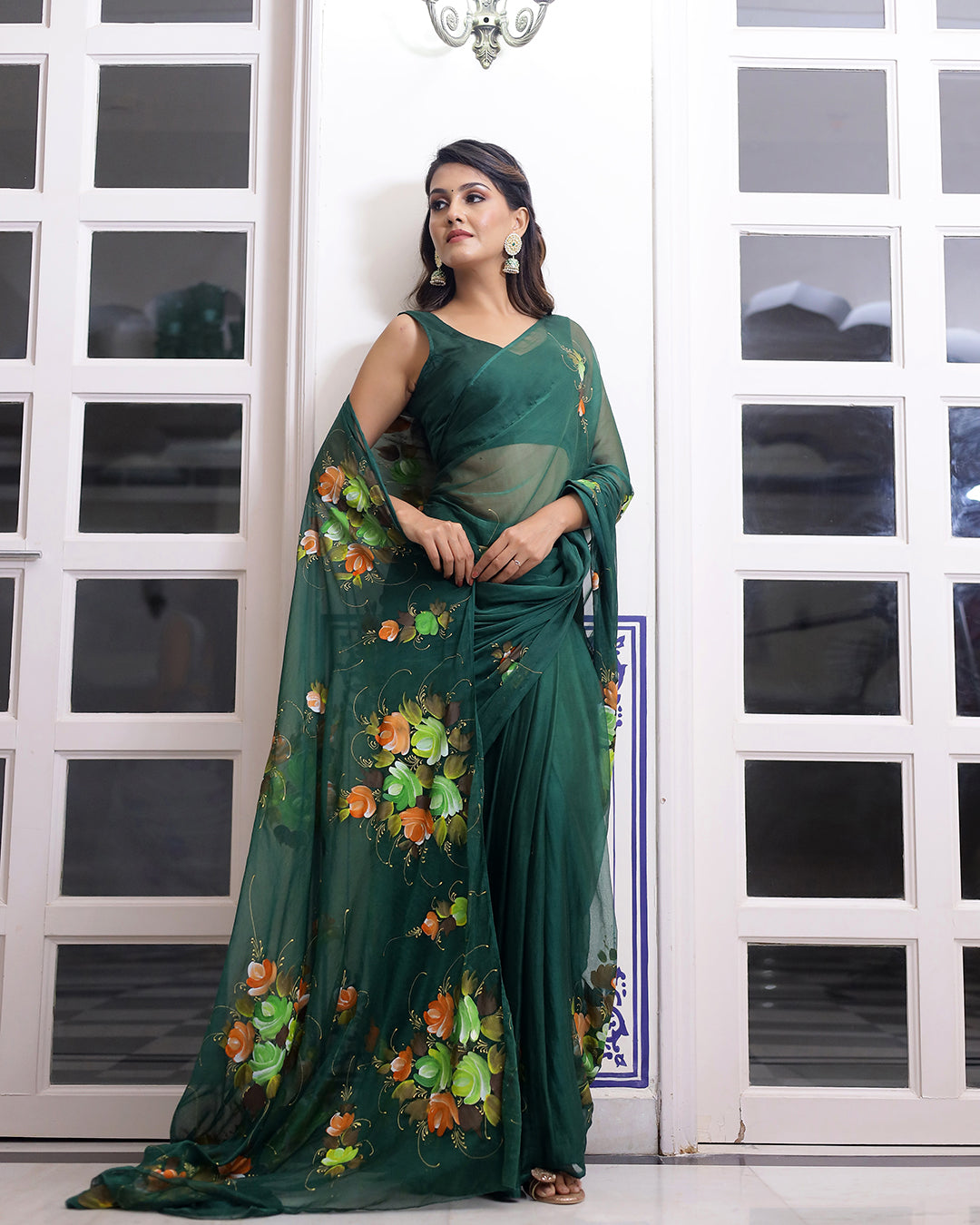 Hand Painted Chiffon Saree | Bottle Green Floral for Weddings & Festive Evenings