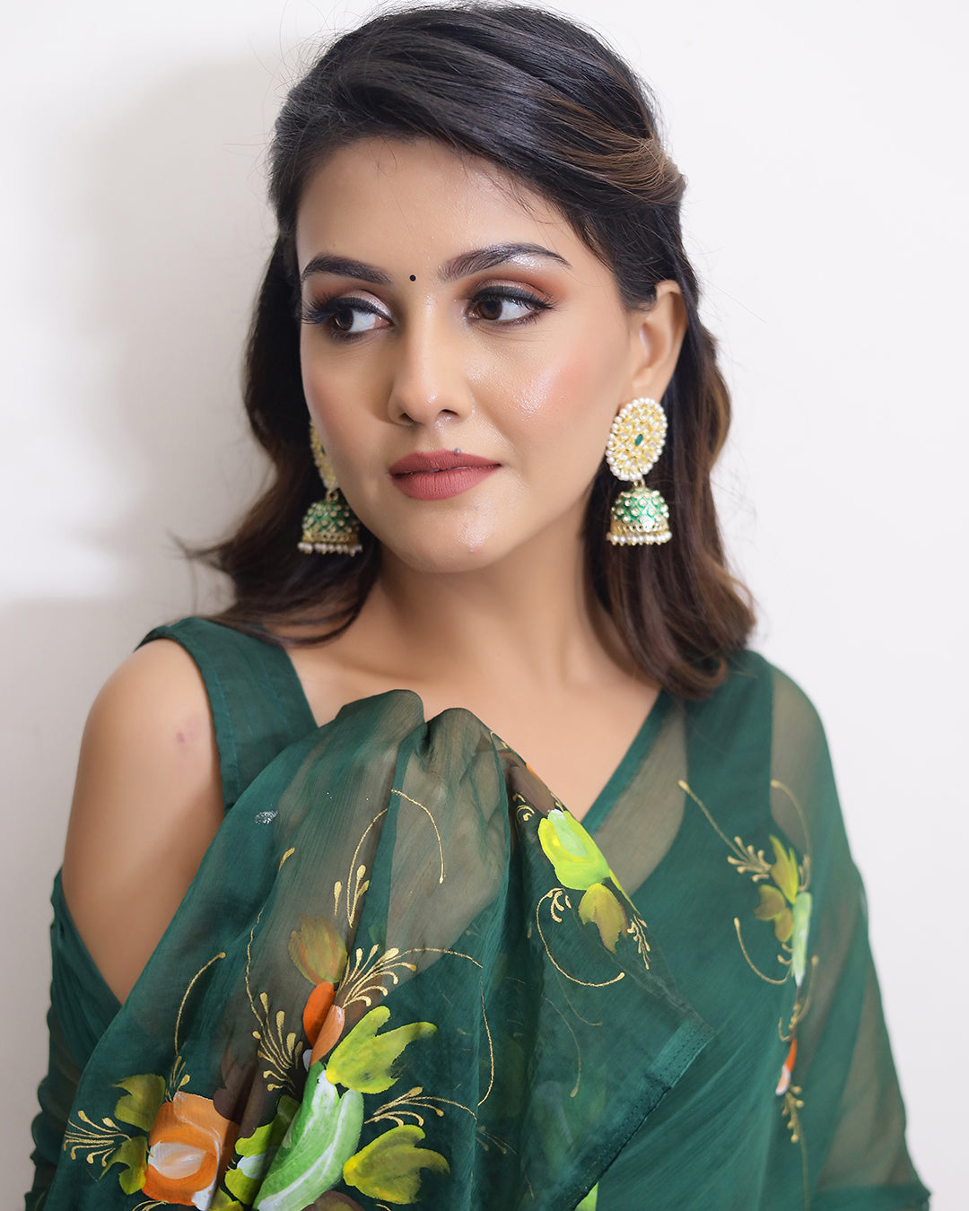 Hand Painted Chiffon Saree | Bottle Green Floral for Weddings & Festive Evenings