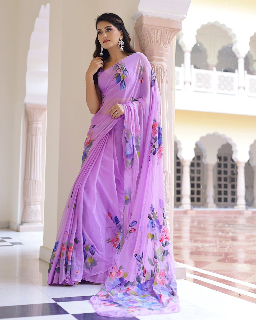 Hand Painted Chiffon Saree | Lilac Floral for Spring Weddings & Garden Parties
