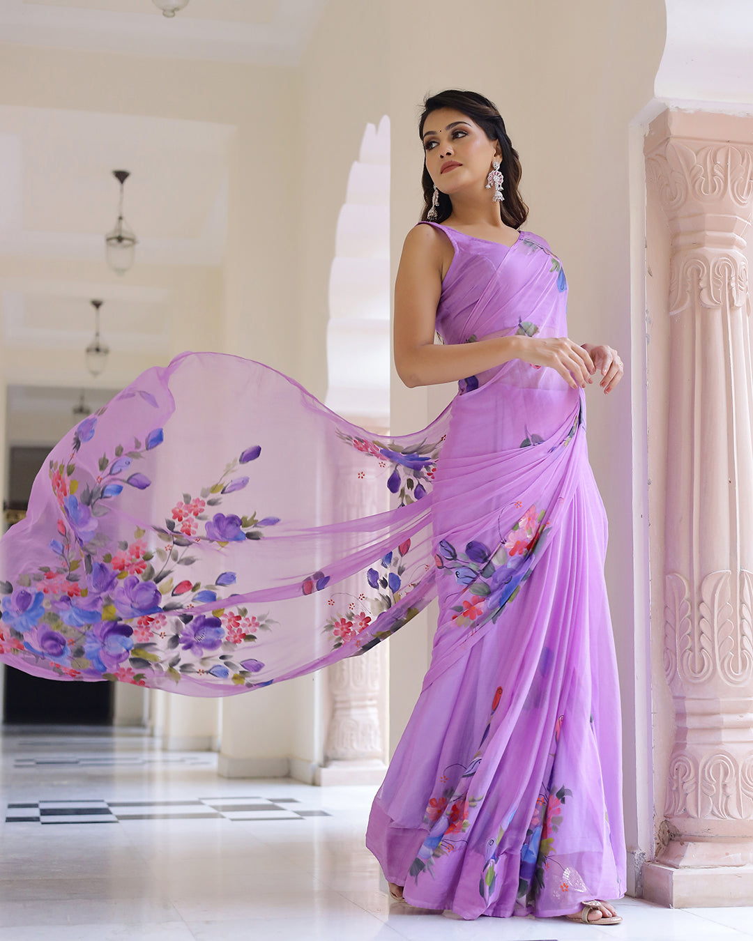 Hand Painted Chiffon Saree | Lilac Floral for Spring Weddings & Garden Parties