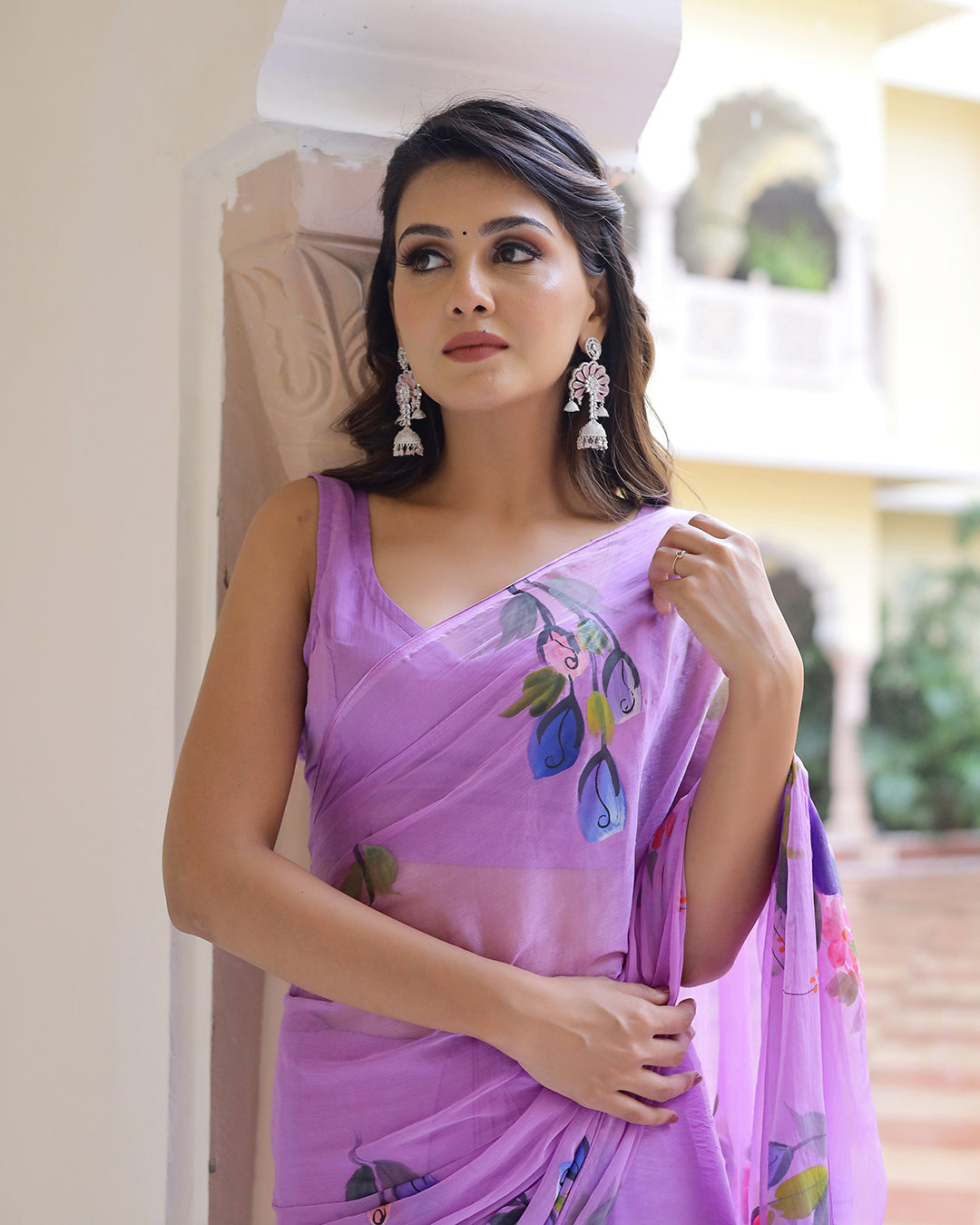 Hand Painted Chiffon Saree | Lilac Floral for Spring Weddings & Garden Parties
