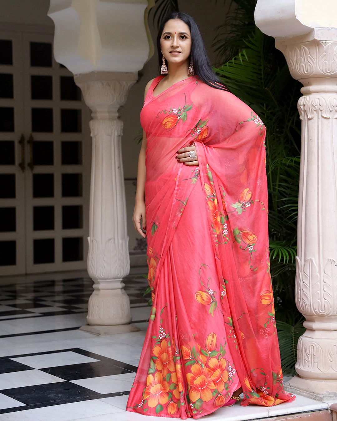 Hand Painted Chiffon Saree | Crimson Floral for Day Weddings & Festive Wear