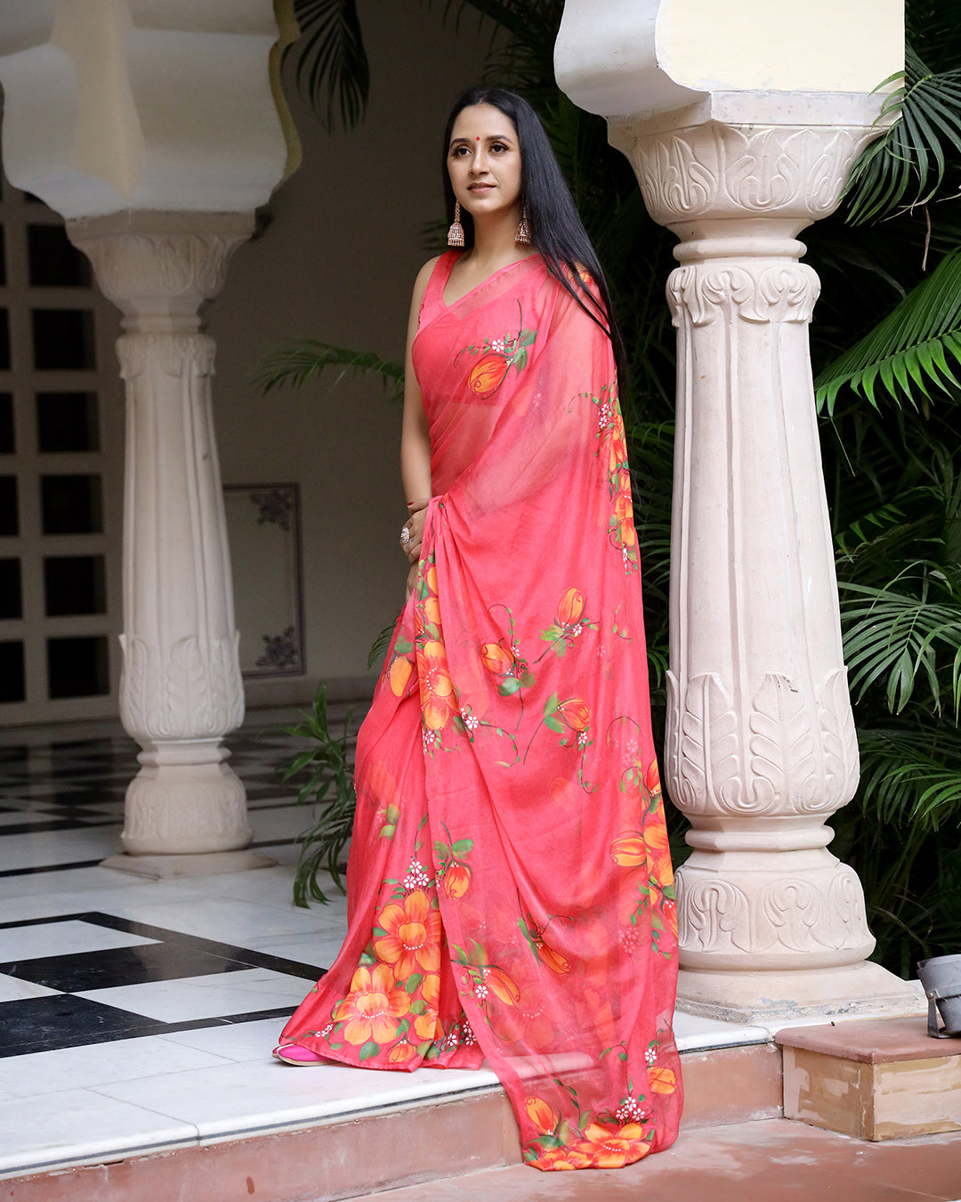 Hand Painted Chiffon Saree | Crimson Floral for Day Weddings & Festive Wear
