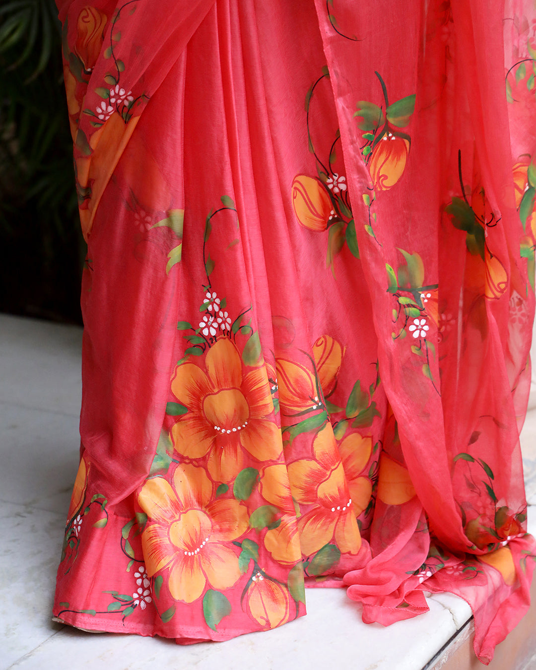Hand Painted Chiffon Saree | Crimson Floral for Day Weddings & Festive Wear