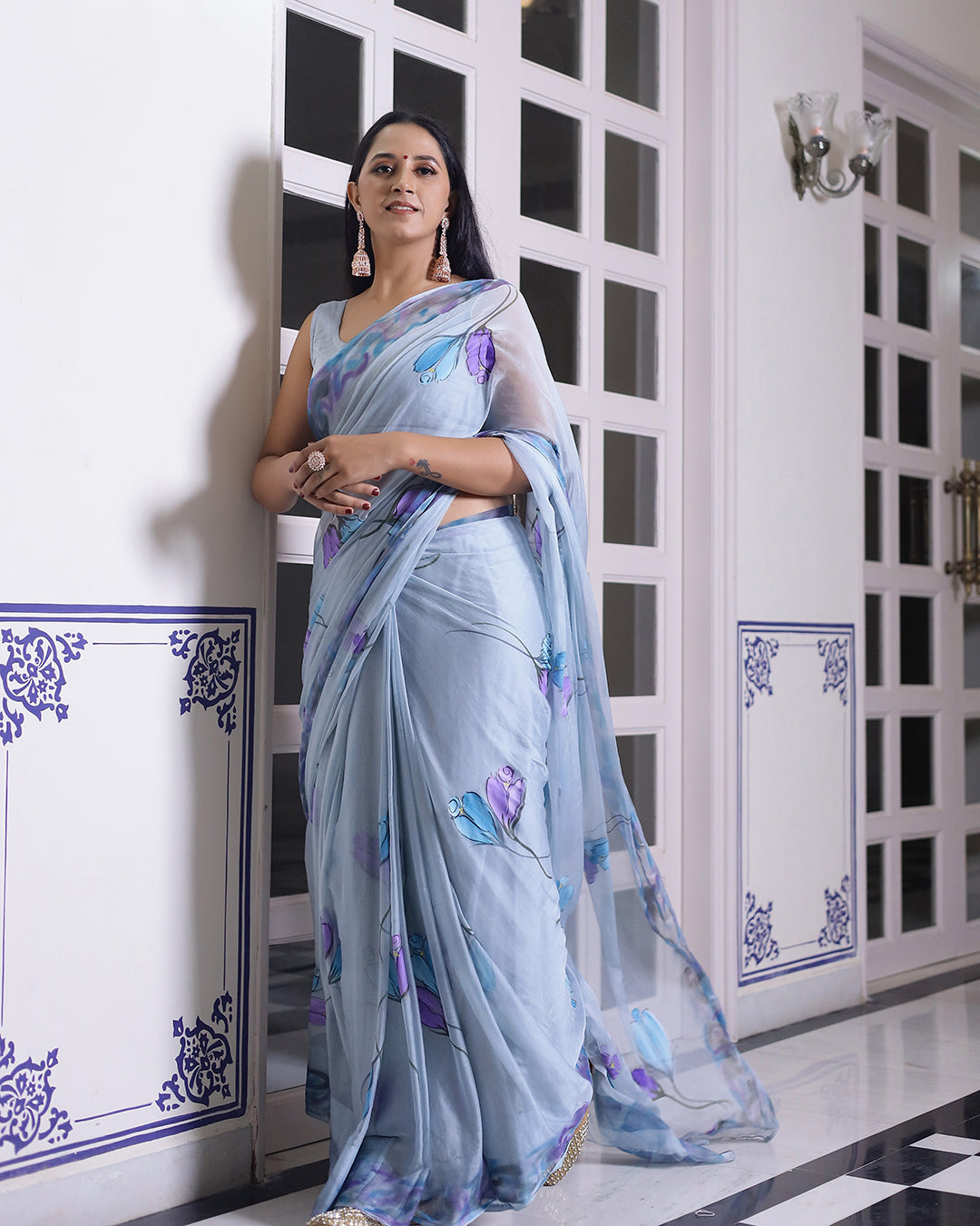 Hand Painted Chiffon Saree | Powder Blue Floral for Garden Parties & Pre-Wedding