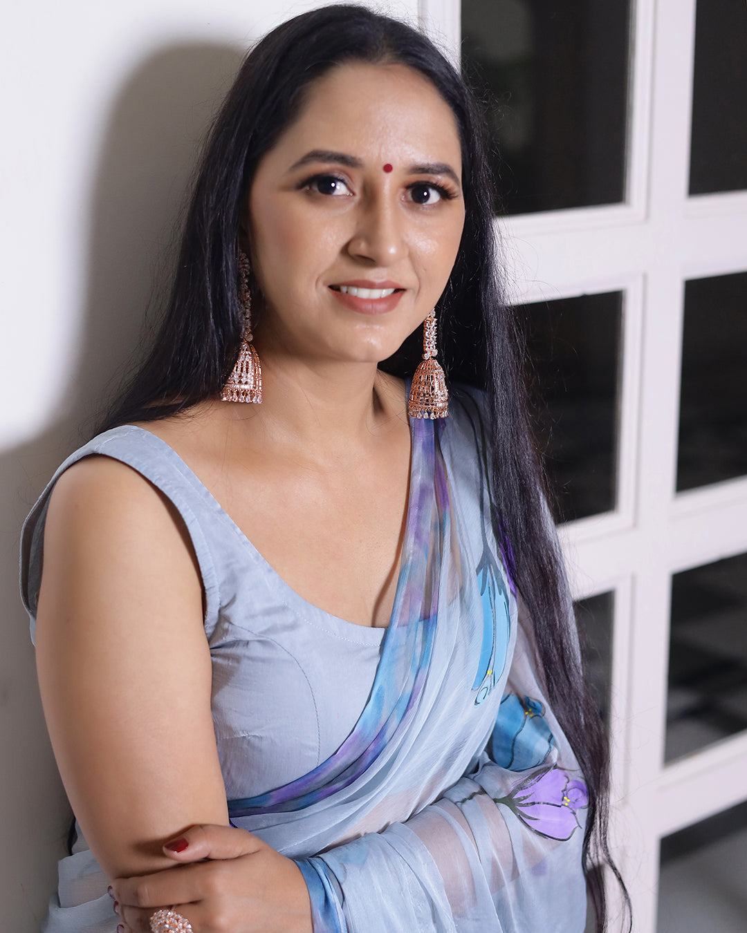 Hand Painted Chiffon Saree | Powder Blue Floral for Garden Parties & Pre-Wedding