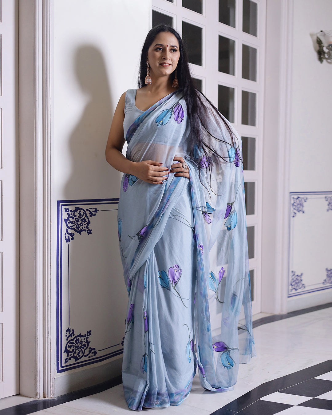 Hand Painted Chiffon Saree | Powder Blue Floral for Garden Parties & Pre-Wedding