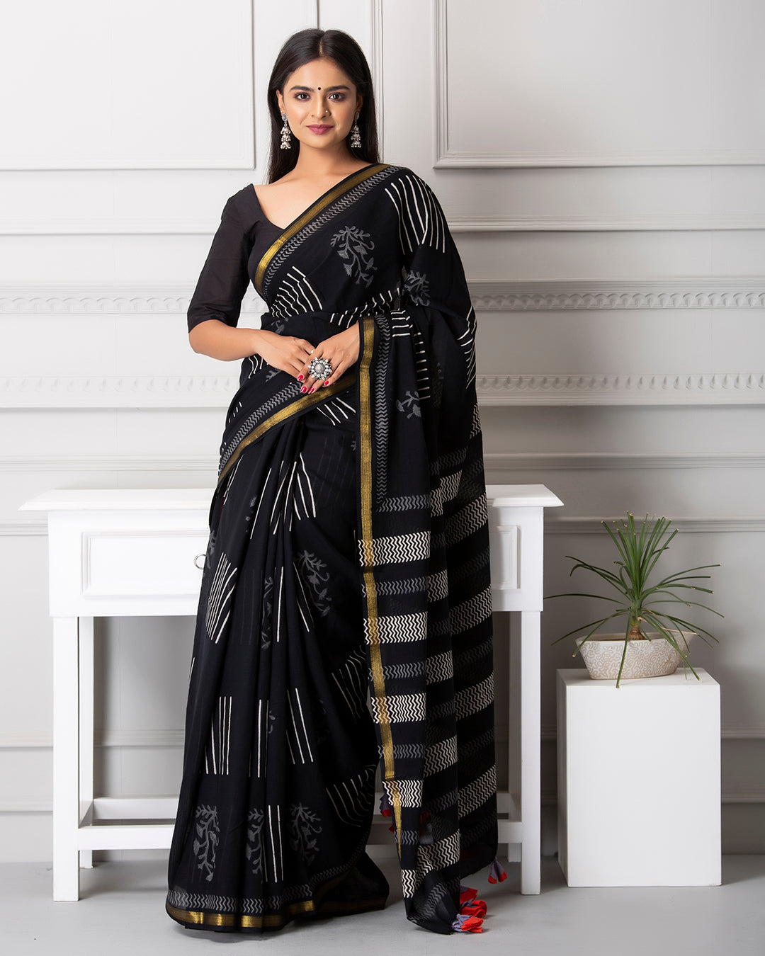 Handblock Print Mulmul Saree | Black Zigzag Zari Border for Work & Festive Evenings