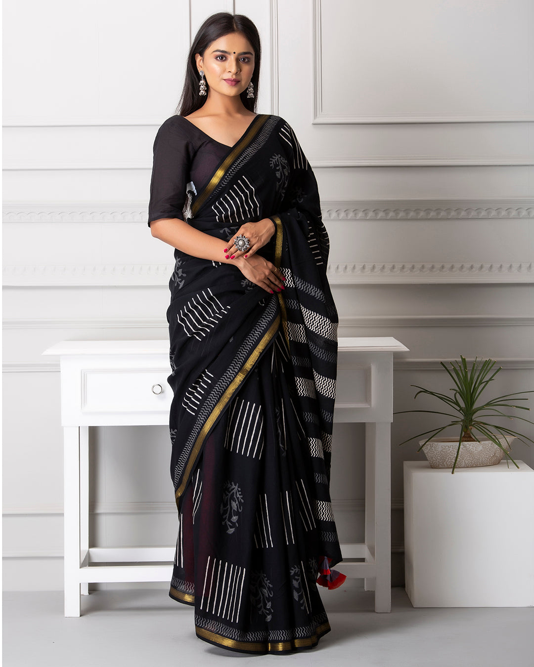 Handblock Print Mulmul Saree | Black Zigzag Zari Border for Work & Festive Evenings