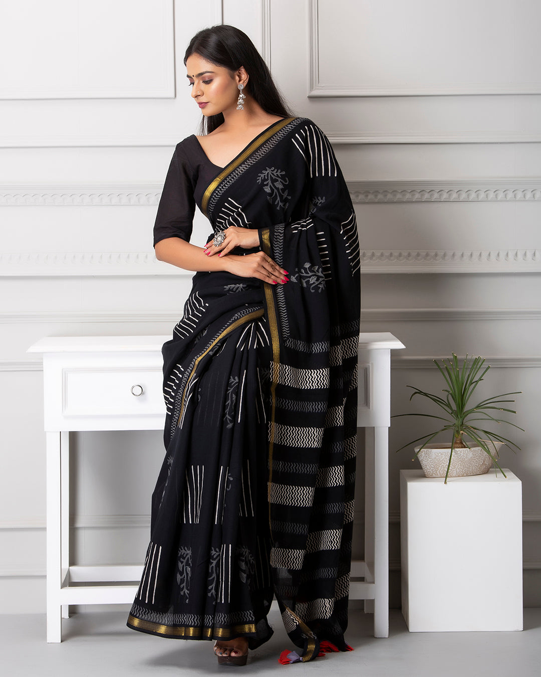 Handblock Print Mulmul Saree | Black Zigzag Zari Border for Work & Festive Evenings