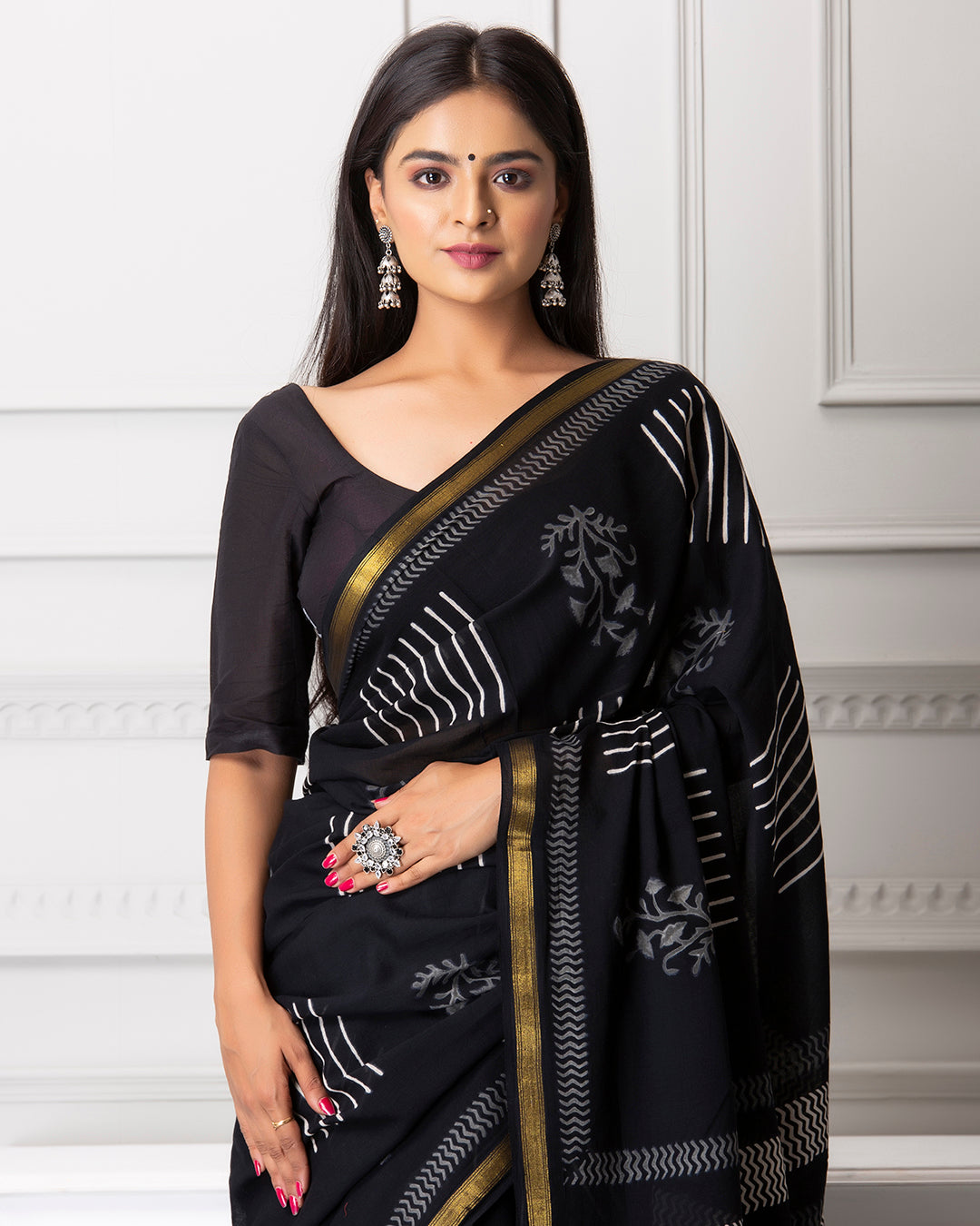 Handblock Print Mulmul Saree | Black Zigzag Zari Border for Work & Festive Evenings