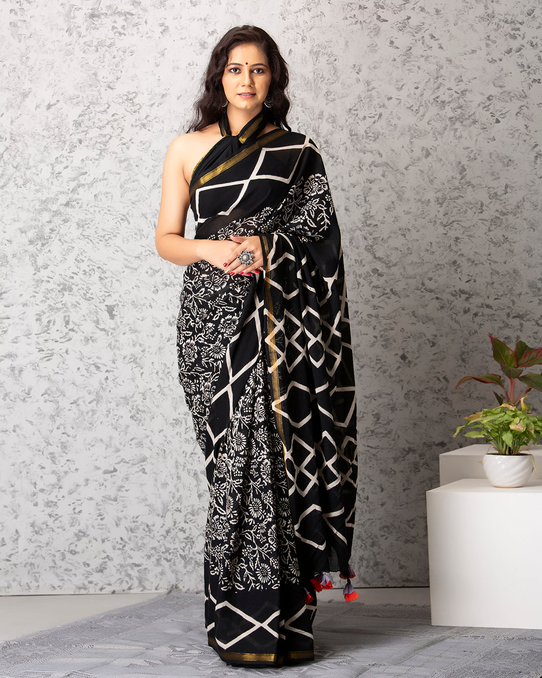 Handblock Print Mulmul Saree | Black Zigzag Floral Gold Border for Festive & Daily Wear