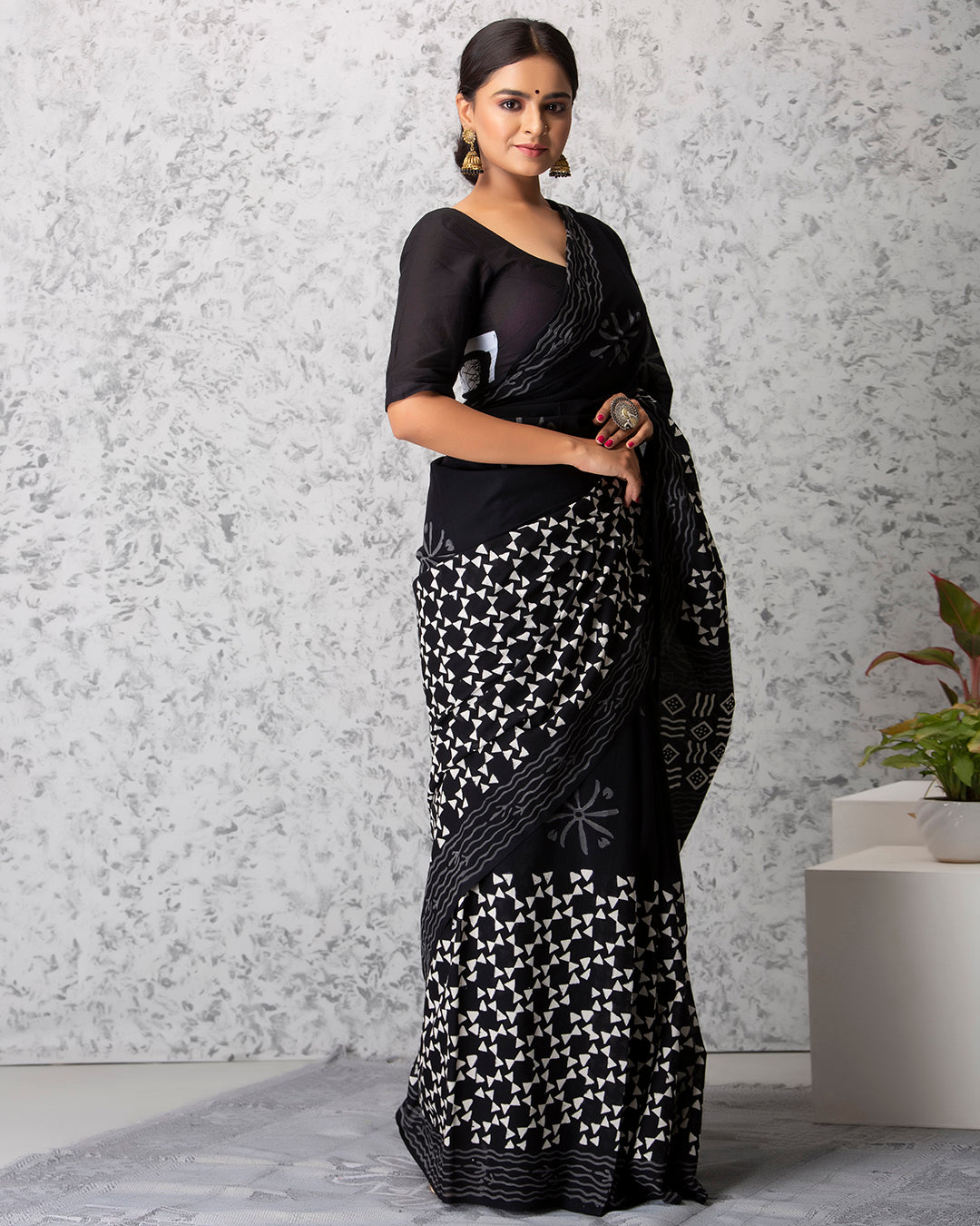 Handblock Print Mulmul Saree | Black Abstract Bow for Work, Lunches & Festive Wear