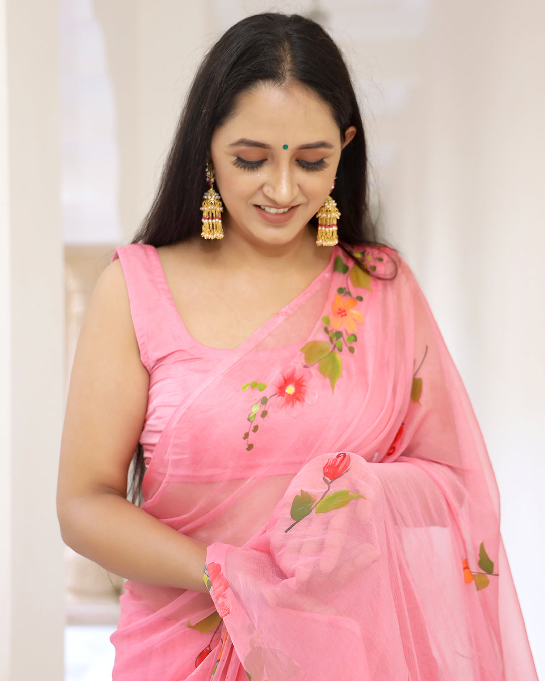 Hand Painted Chiffon Saree | Coral Floral for Lunches, Functions & Day Events
