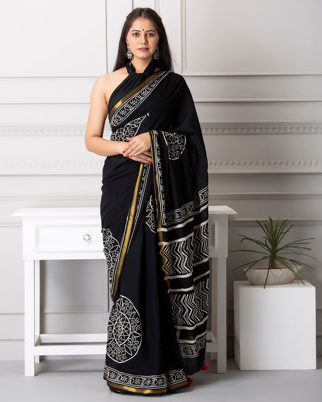 Handblock Print Mulmul Saree | Indigo Mandala for Office, Celebrations & Outings