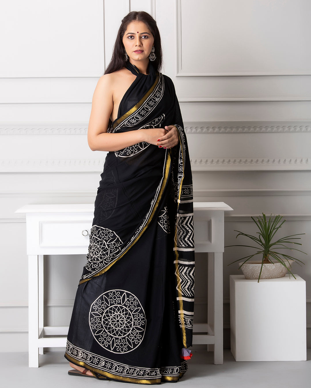 Handblock Print Mulmul Saree | Indigo Mandala for Office, Celebrations & Outings