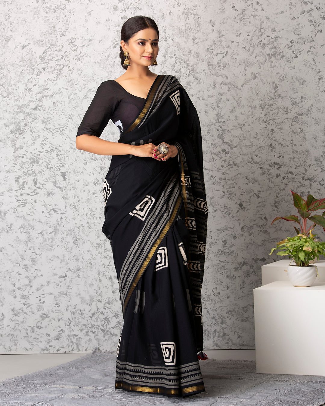 Handblock Print Mulmul Saree | Black Geometric Bold for Festive Lunches & Events