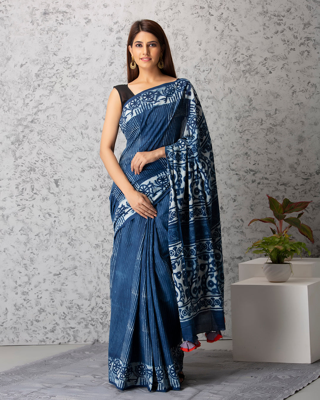 Dabu Print Mulmul Saree | Indigo Bicycle Handblock for Brunches & Cultural Events
