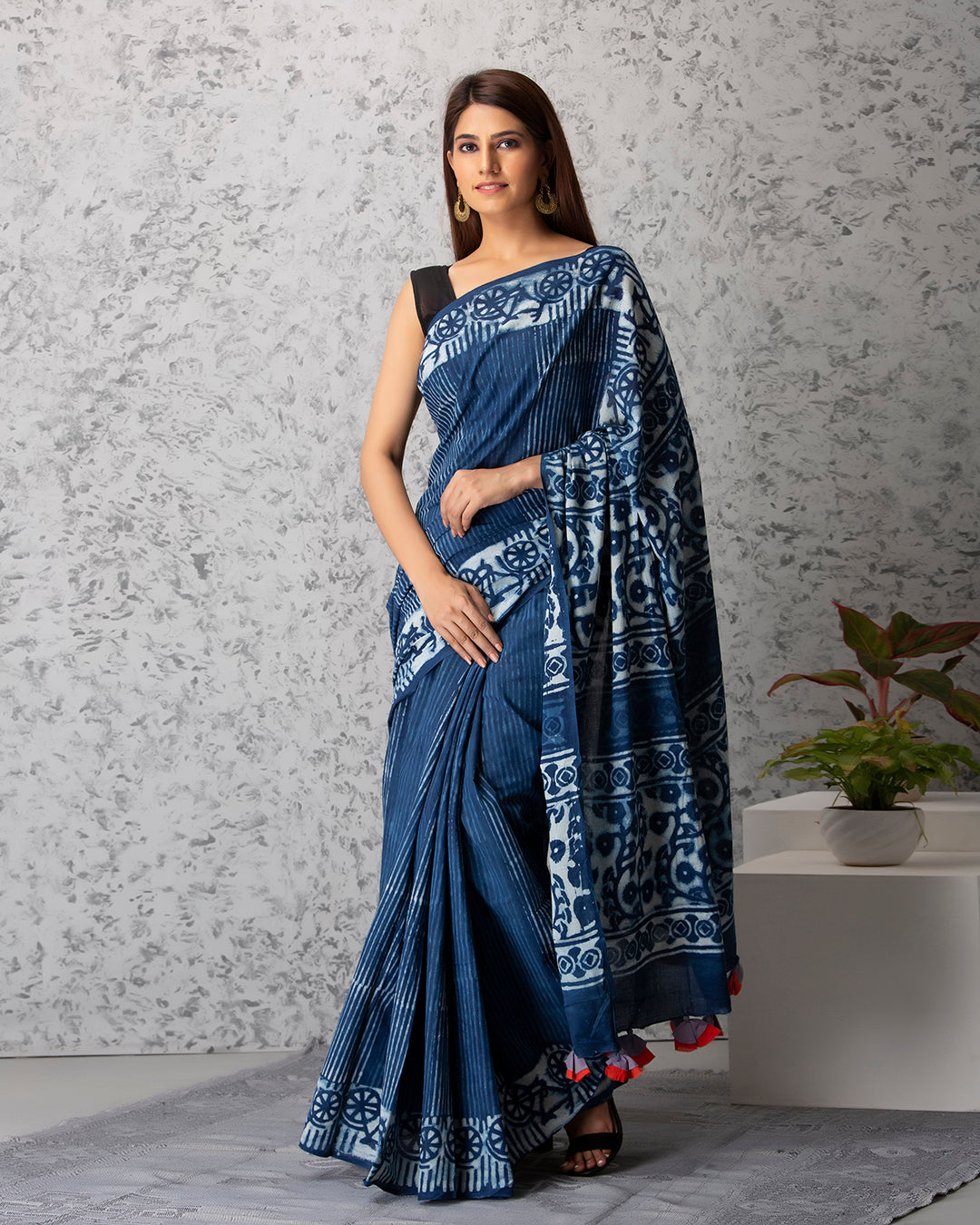 Dabu Print Mulmul Saree | Indigo Bicycle Handblock for Brunches & Cultural Events