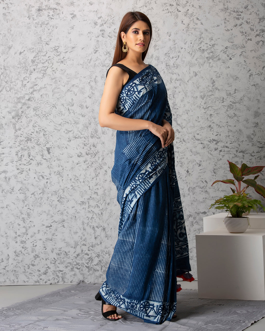 Dabu Print Mulmul Saree | Indigo Bicycle Handblock for Brunches & Cultural Events