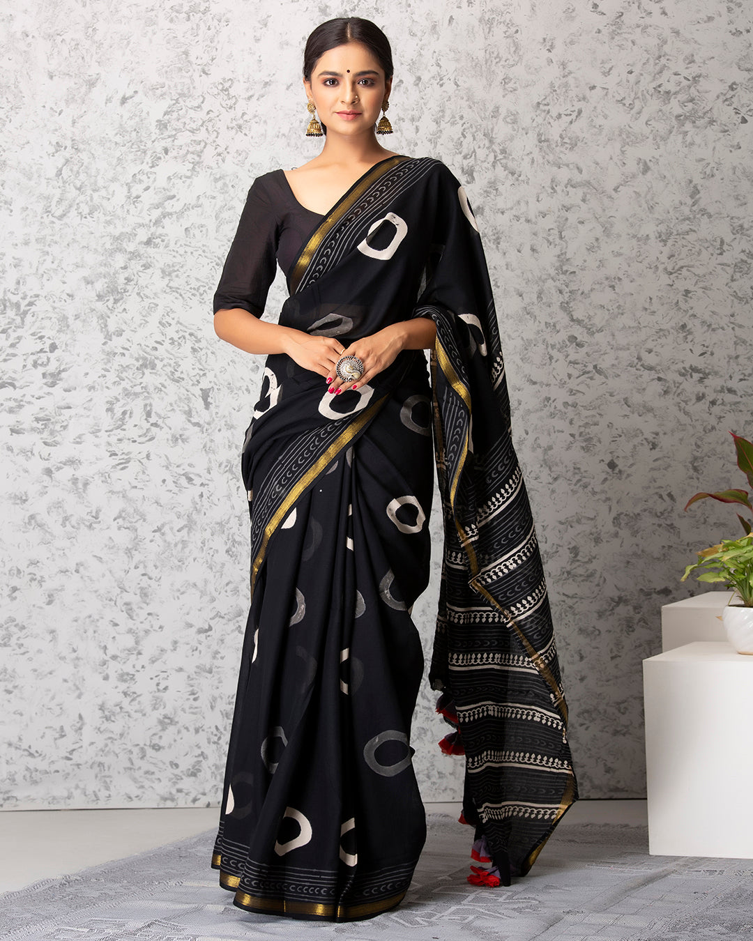 Handblock Print Mulmul Saree | Black Circular Grey Gold Border for Casual & Festive