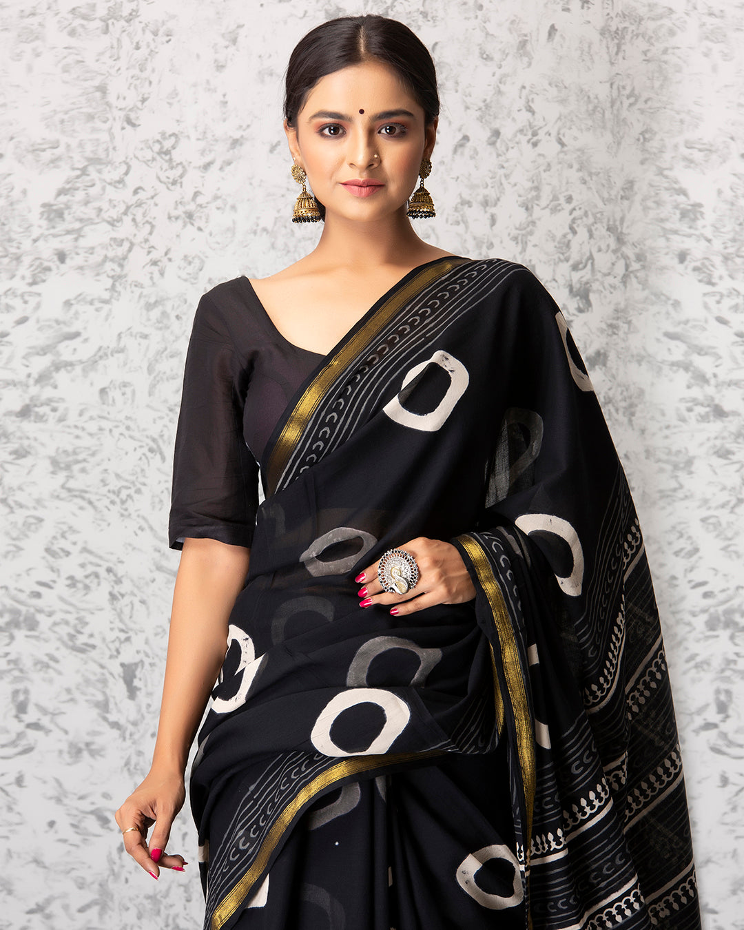 Handblock Print Mulmul Saree | Black Circular Grey Gold Border for Casual & Festive