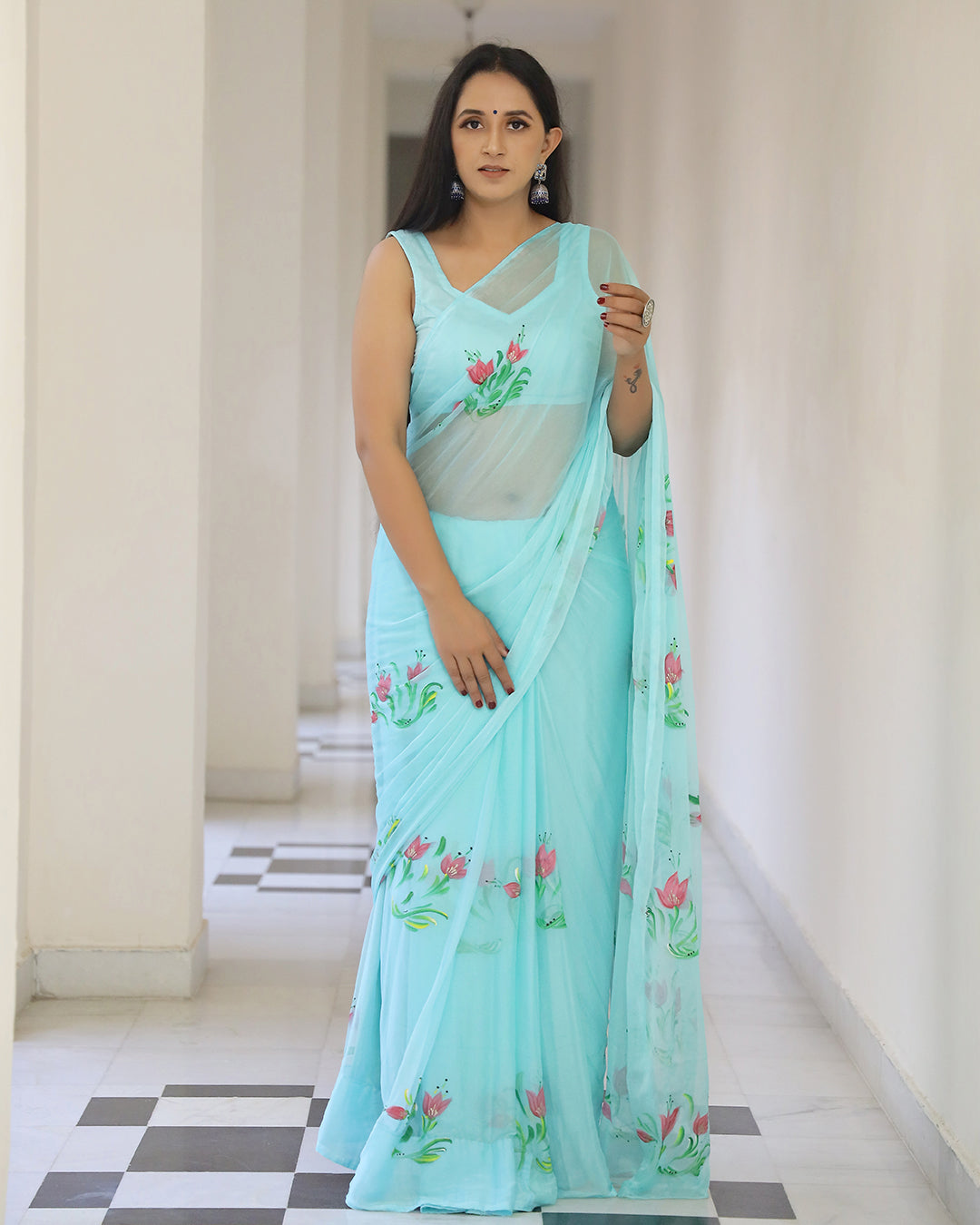 Hand Painted Chiffon Saree | Aqua Floral for Summer Events & Festive Occasions