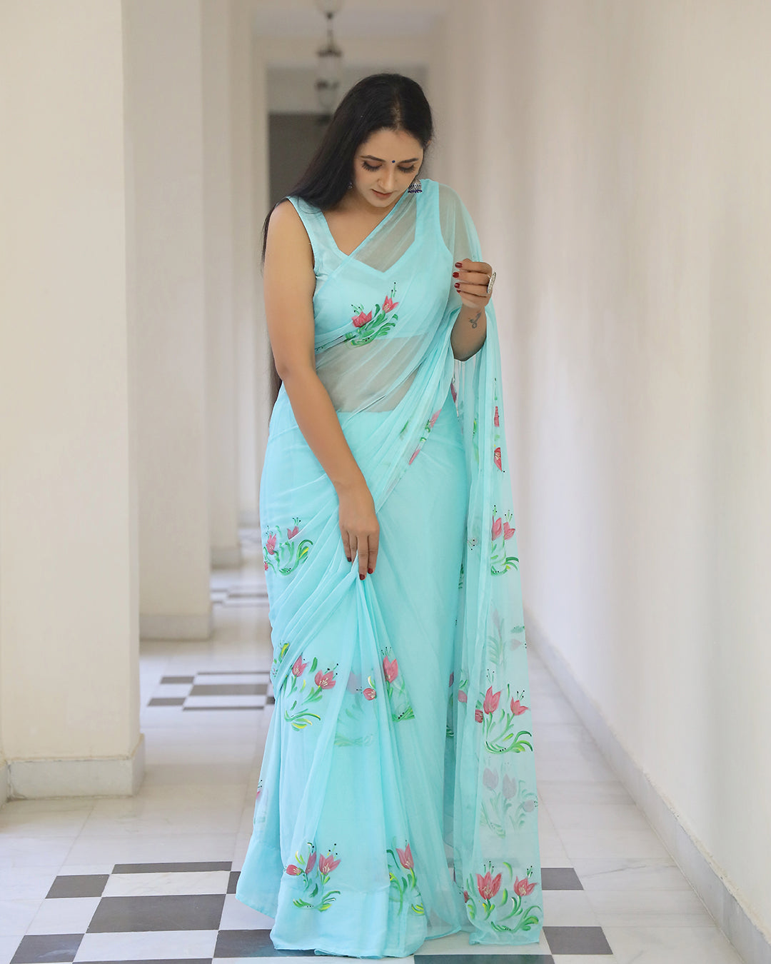 Hand Painted Chiffon Saree | Aqua Floral for Summer Events & Festive Occasions