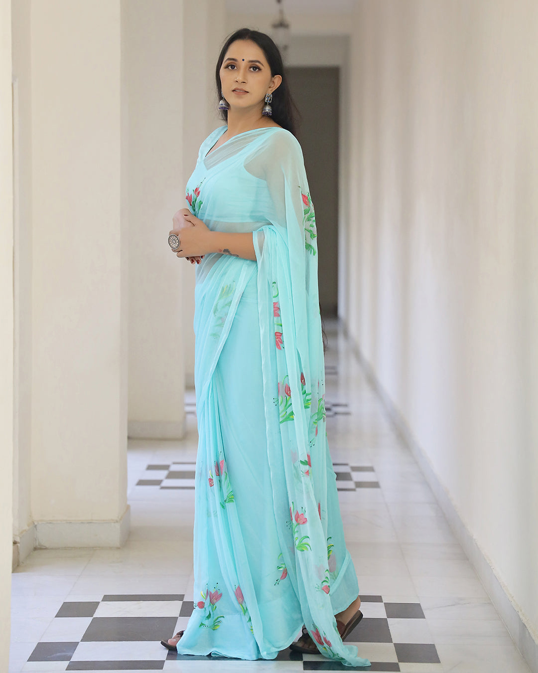 Hand Painted Chiffon Saree | Aqua Floral for Summer Events & Festive Occasions