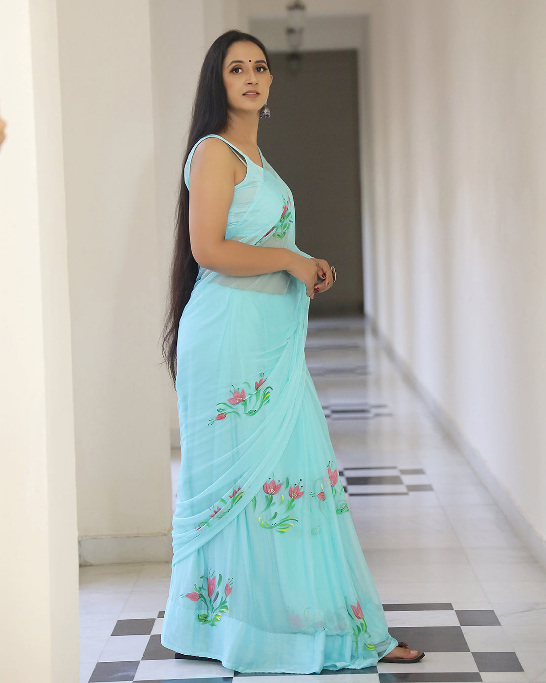 Hand Painted Chiffon Saree | Aqua Floral for Summer Events & Festive Occasions