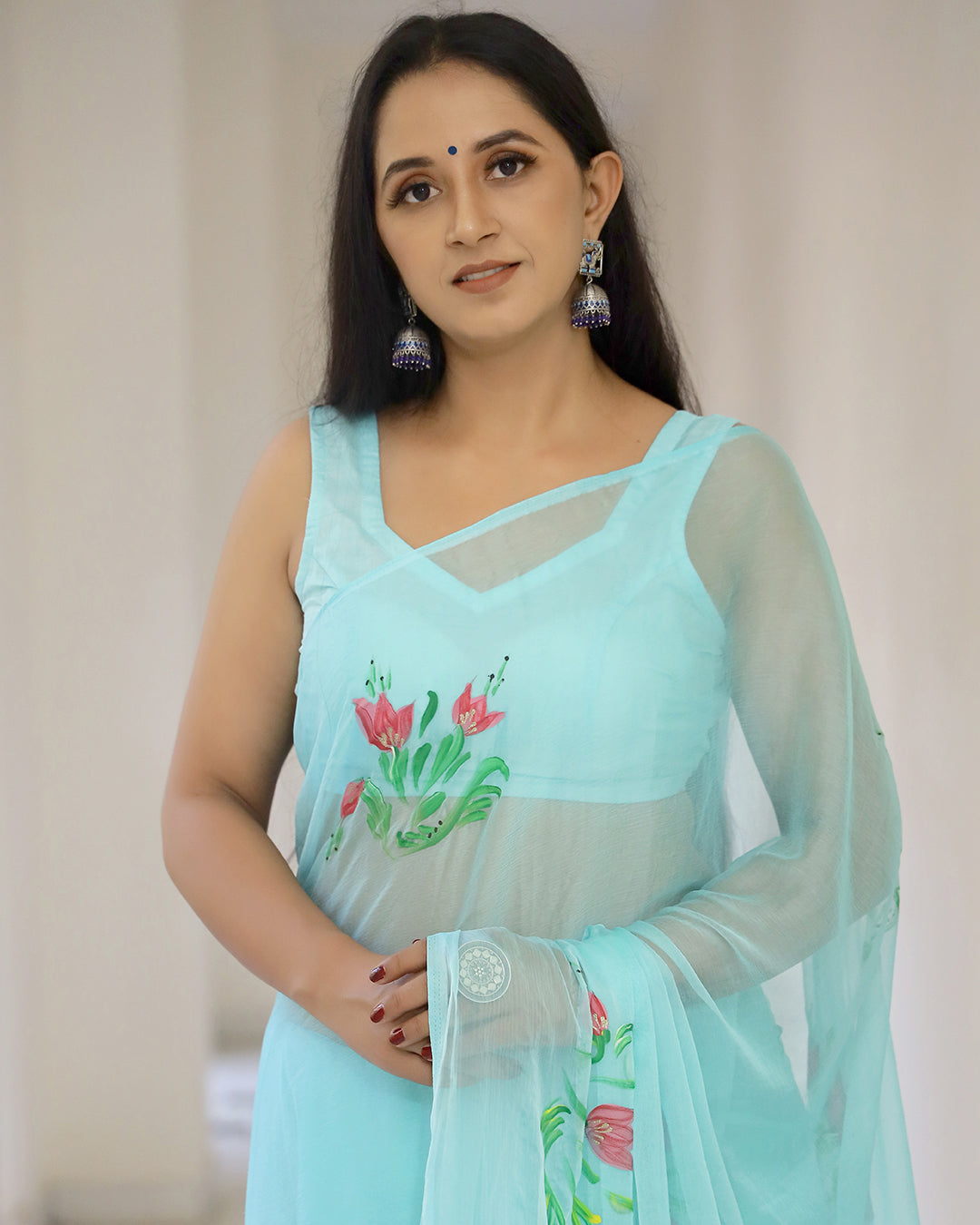 Hand Painted Chiffon Saree | Aqua Floral for Summer Events & Festive Occasions