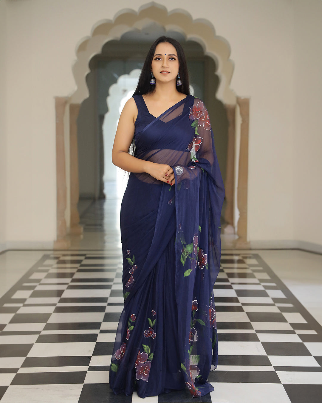 Hand Painted Chiffon Saree | Navy Blue Floral for Festive Evenings & Gatherings