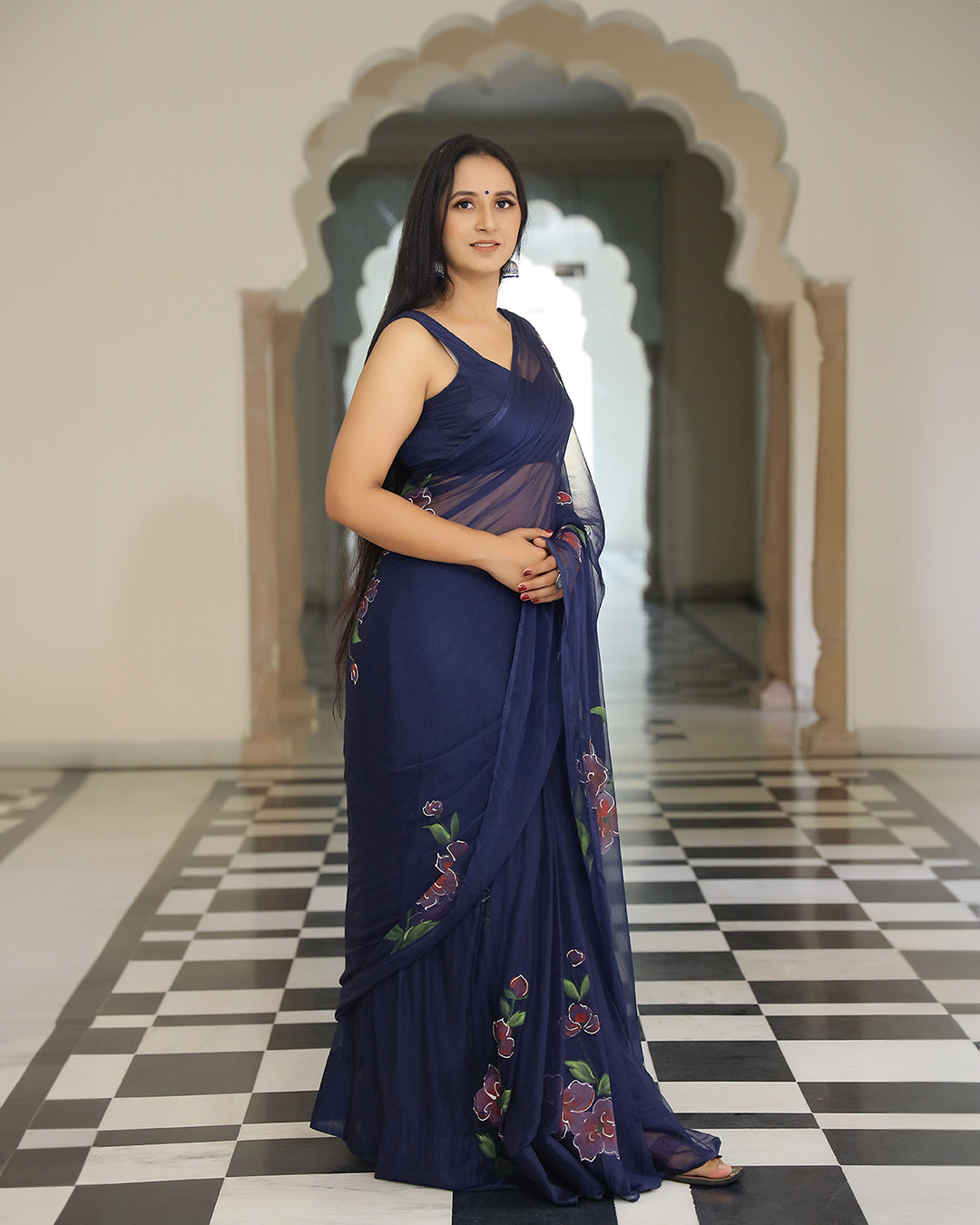 Hand Painted Chiffon Saree | Navy Blue Floral for Festive Evenings & Gatherings