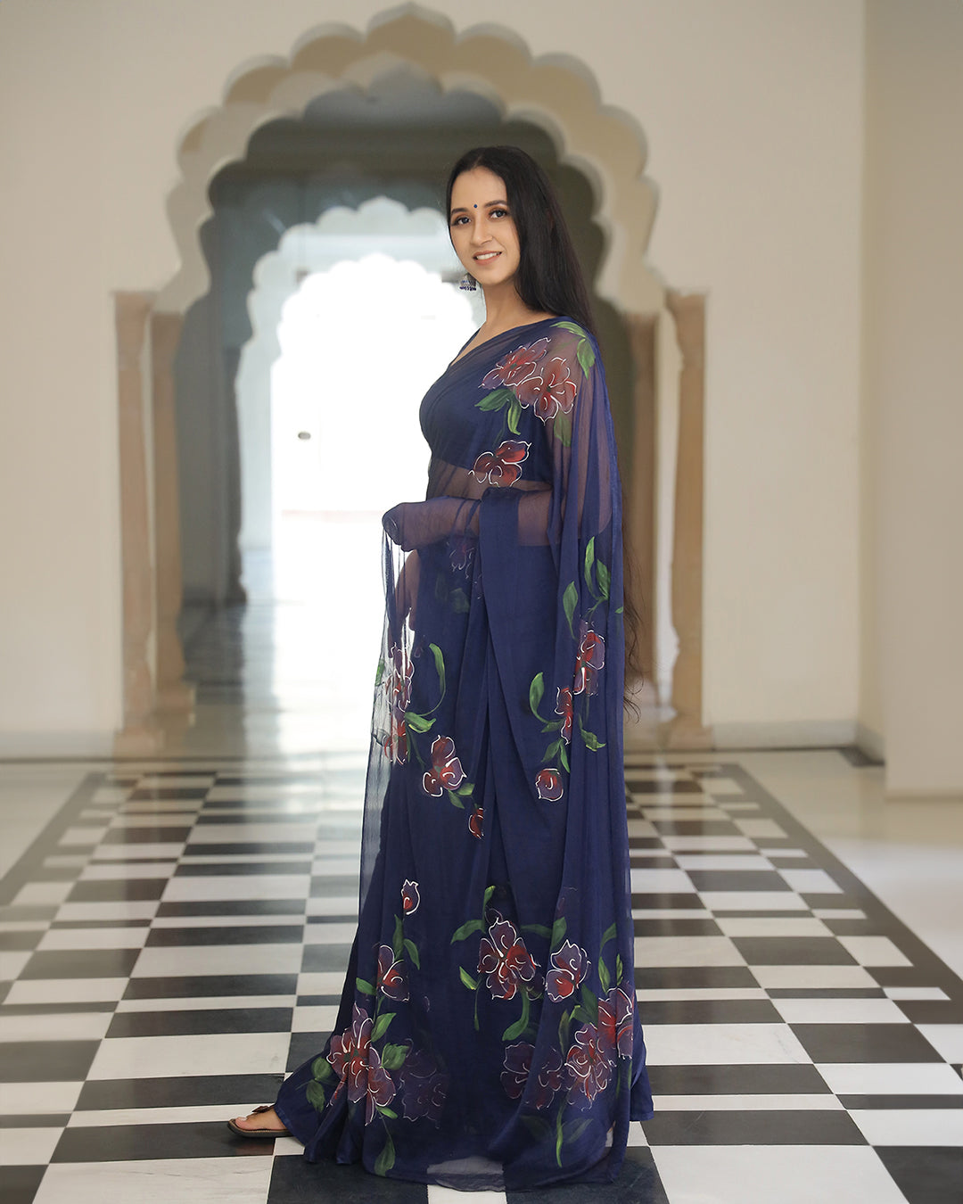 Hand Painted Chiffon Saree | Navy Blue Floral for Festive Evenings & Gatherings