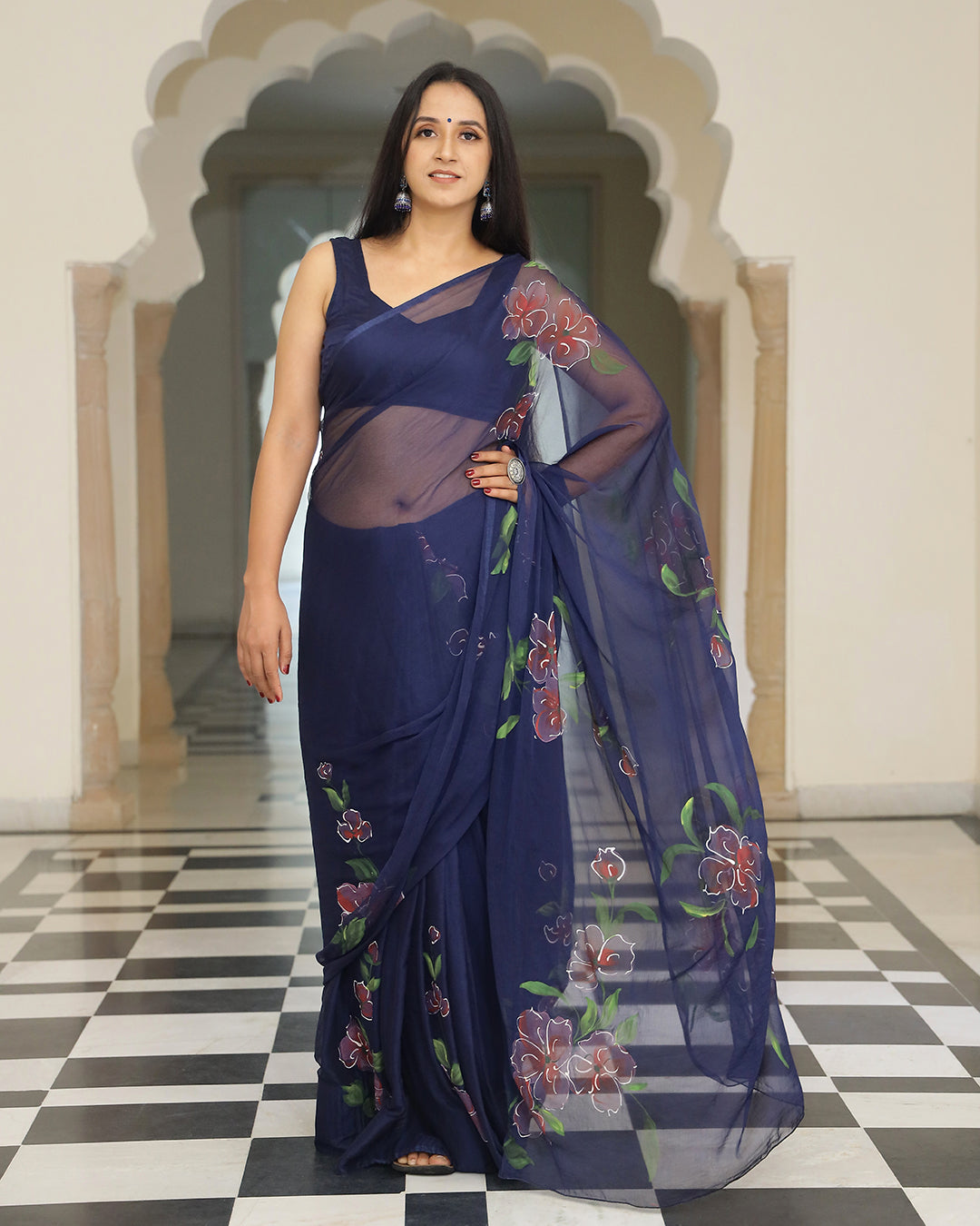 Hand Painted Chiffon Saree | Navy Blue Floral for Festive Evenings & Gatherings
