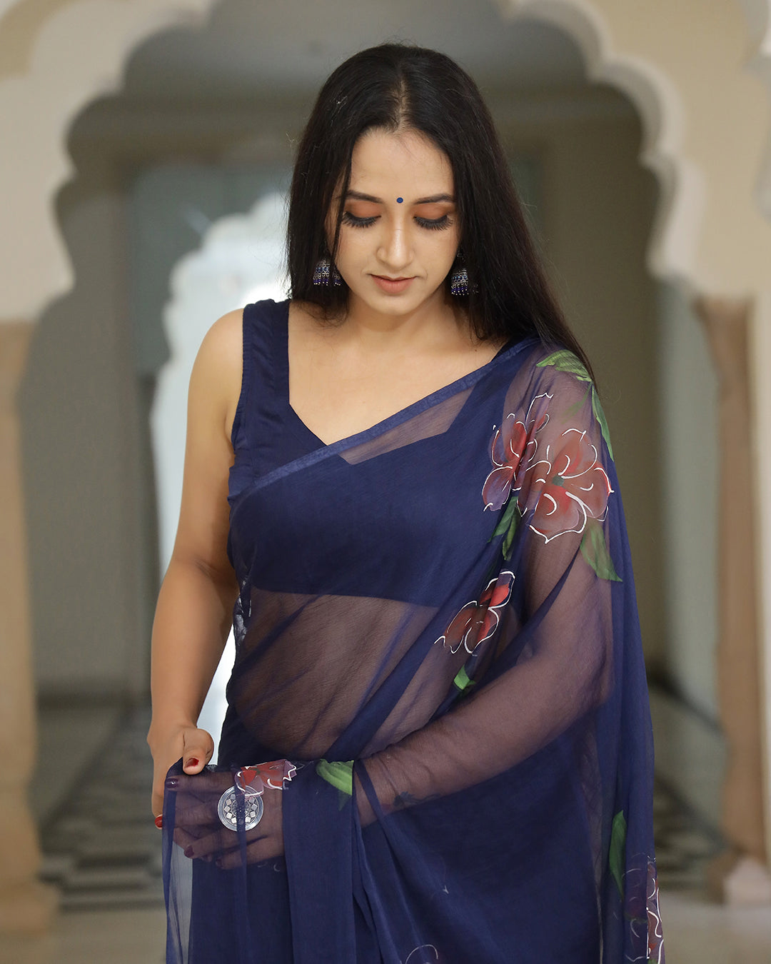 Hand Painted Chiffon Saree | Navy Blue Floral for Festive Evenings & Gatherings