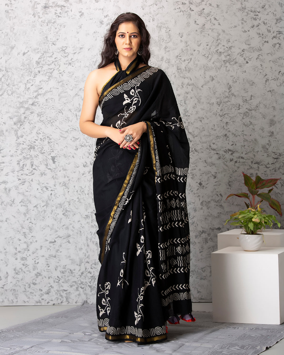 Handblock Print Mulmul Saree | Black Floral Vines with Zari Border for Festive Wear